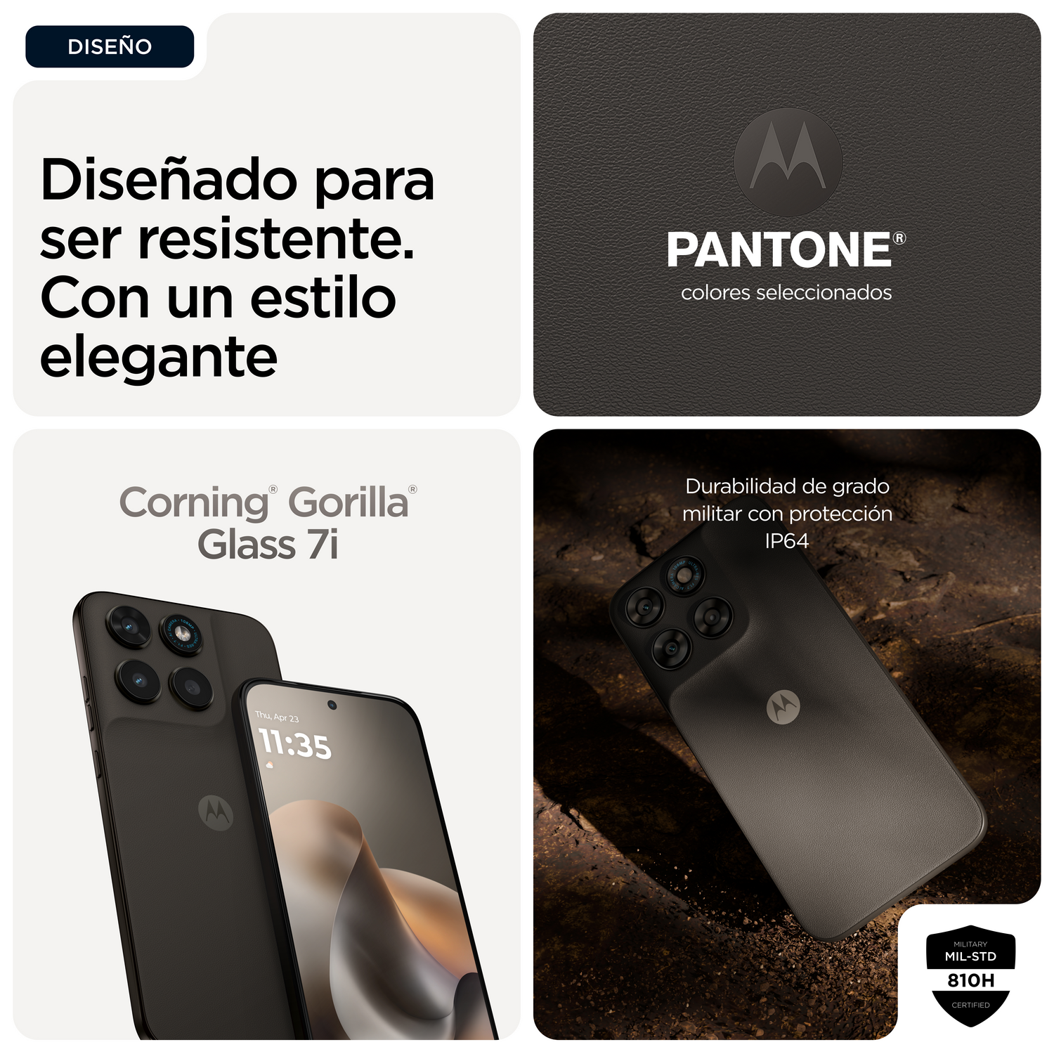 Diseñado para ser resistente, con un estilo elegante. Corning Gorilla Glass 7i. Durabilidad de grado militar con protección IP64