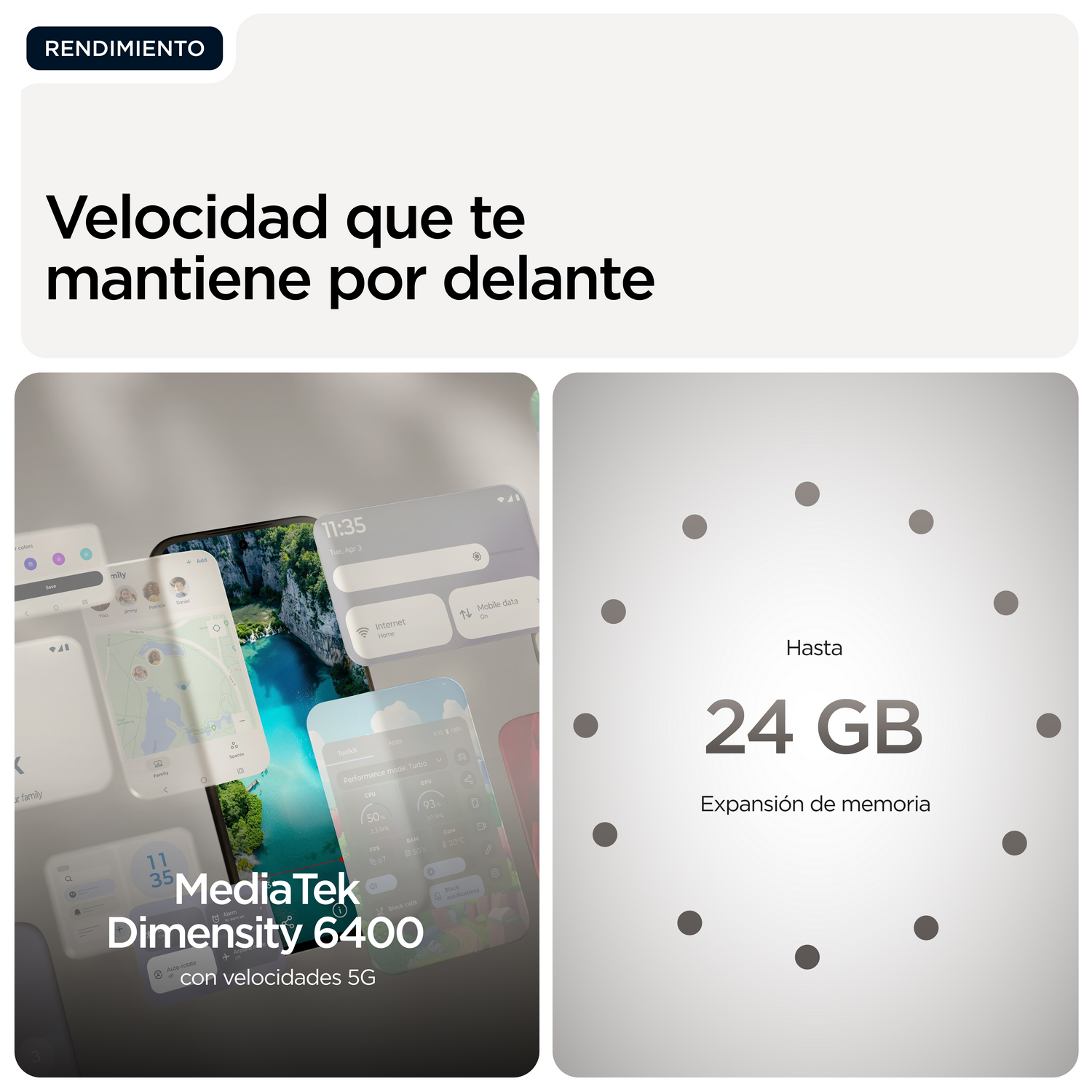 Velocidad que te mantiene por delante. MediaTek Dimensity 6400. Hast 24GB Expansión de memoria