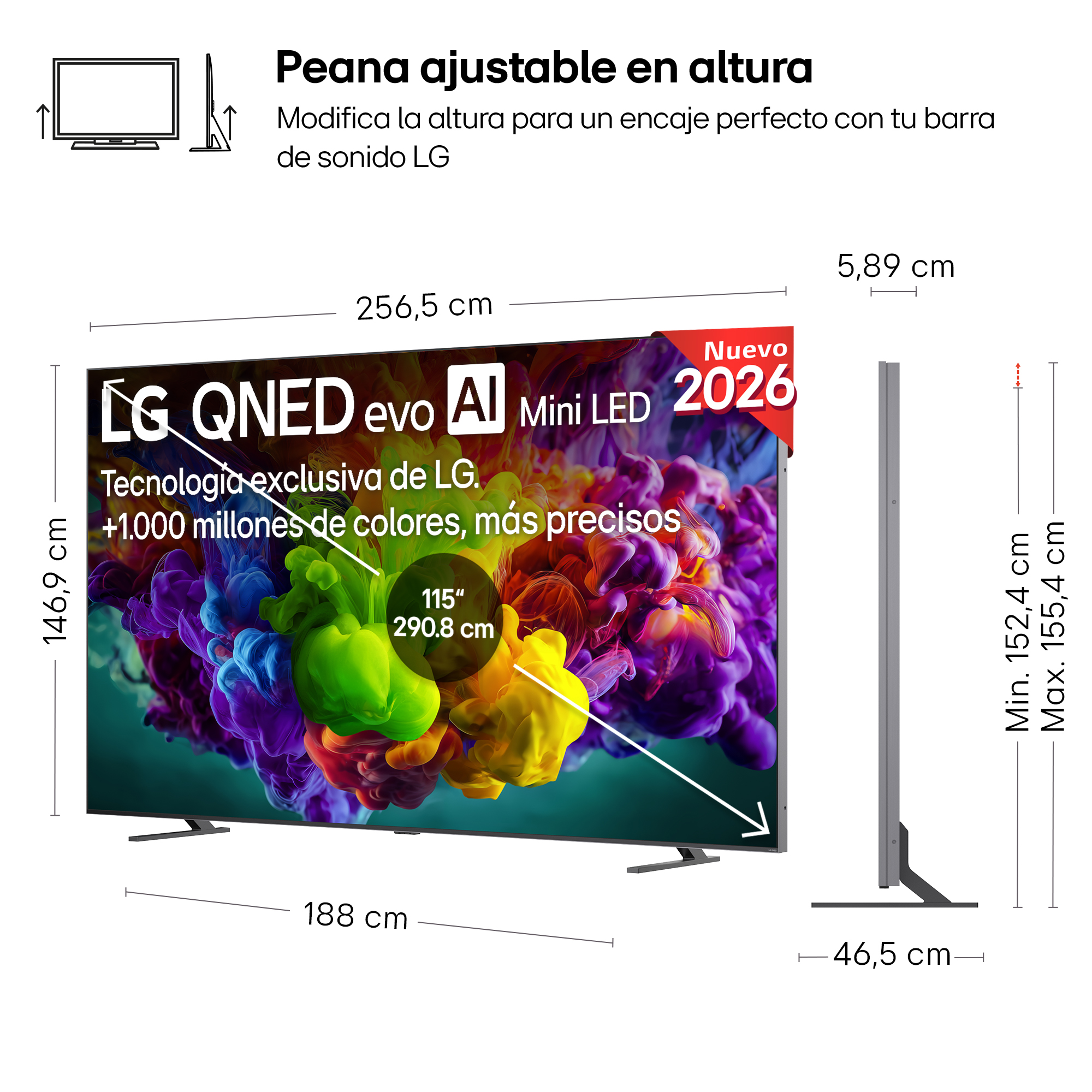 Televisor LG QNED de 115 pulgadas con Mini-LED, 256,5 cm de ancho, 146,9 cm alto.