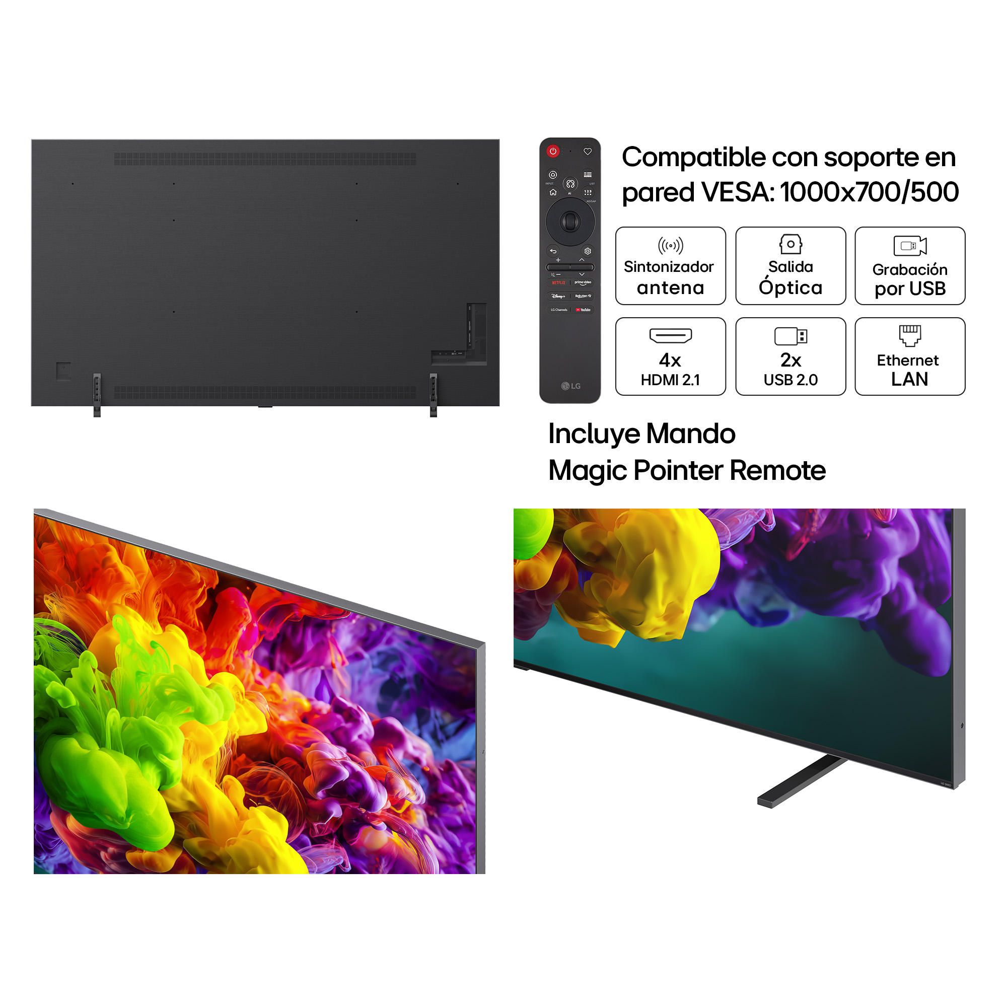 Parte trasera de un televisor negro, mando y especificaciones. Arte abstracto en pantalla.
