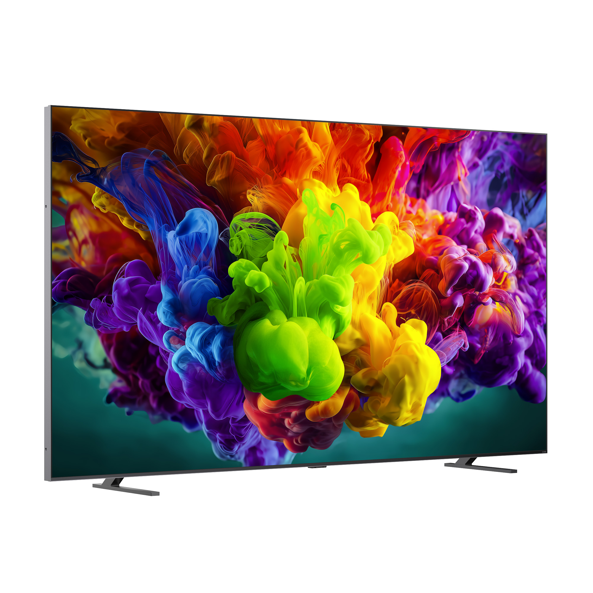 Un televisor muestra formas coloridas parecidas al humo en rojo, naranja, amarillo, verde, azul y morado.