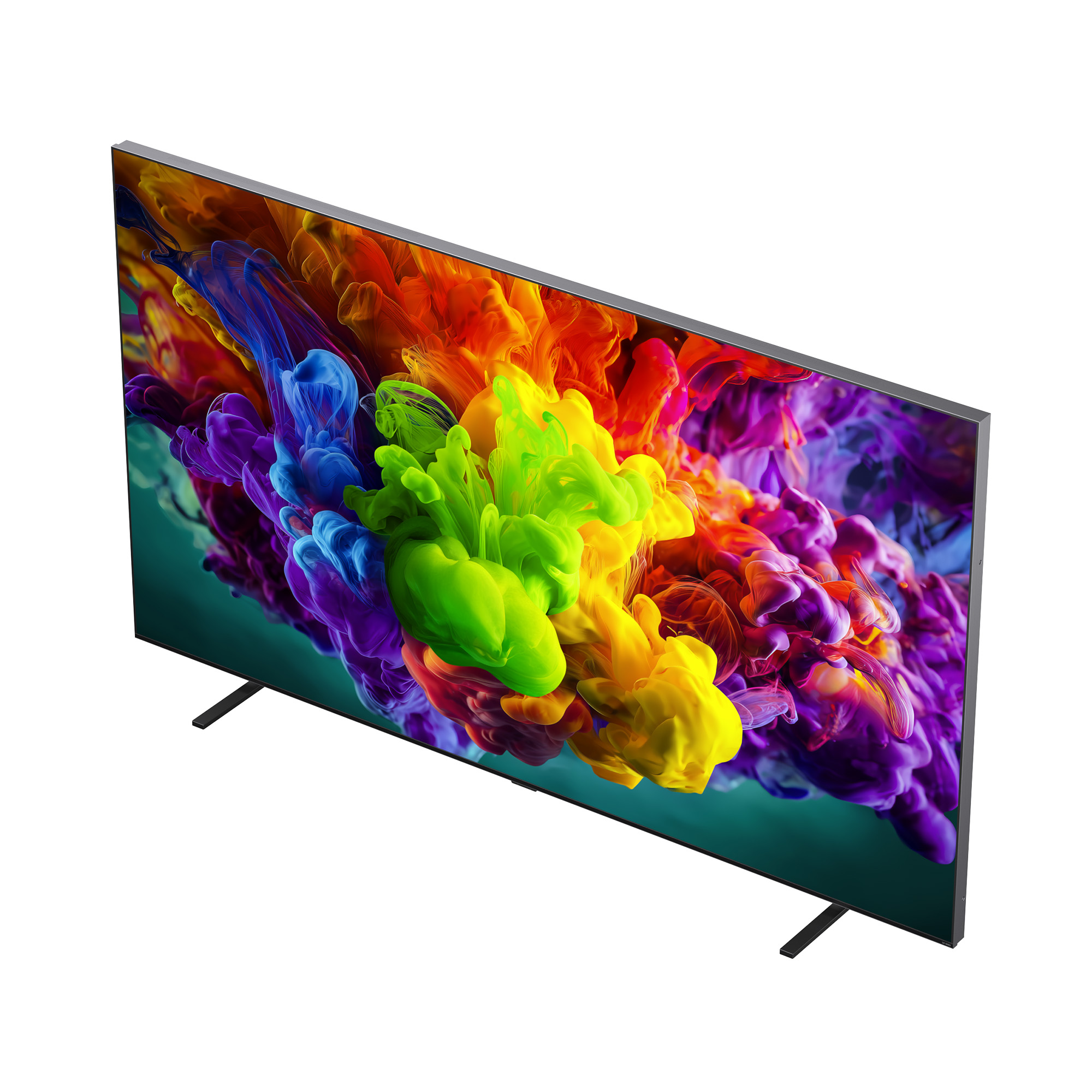 Un televisor moderno que muestra un salvapantallas colorido de tinta en agua.