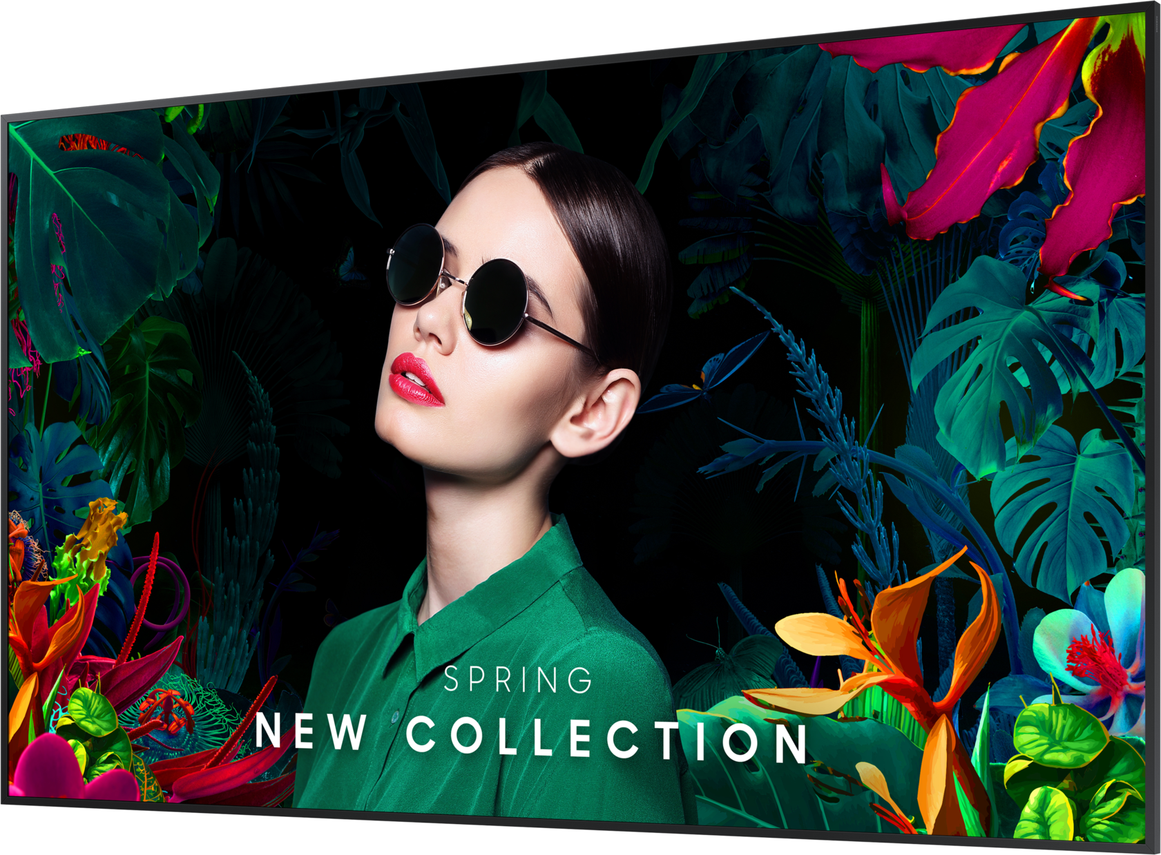 Frau mit Sonnenbrille vor tropischem Blätterhintergrund, "Spring New Collection" Text.