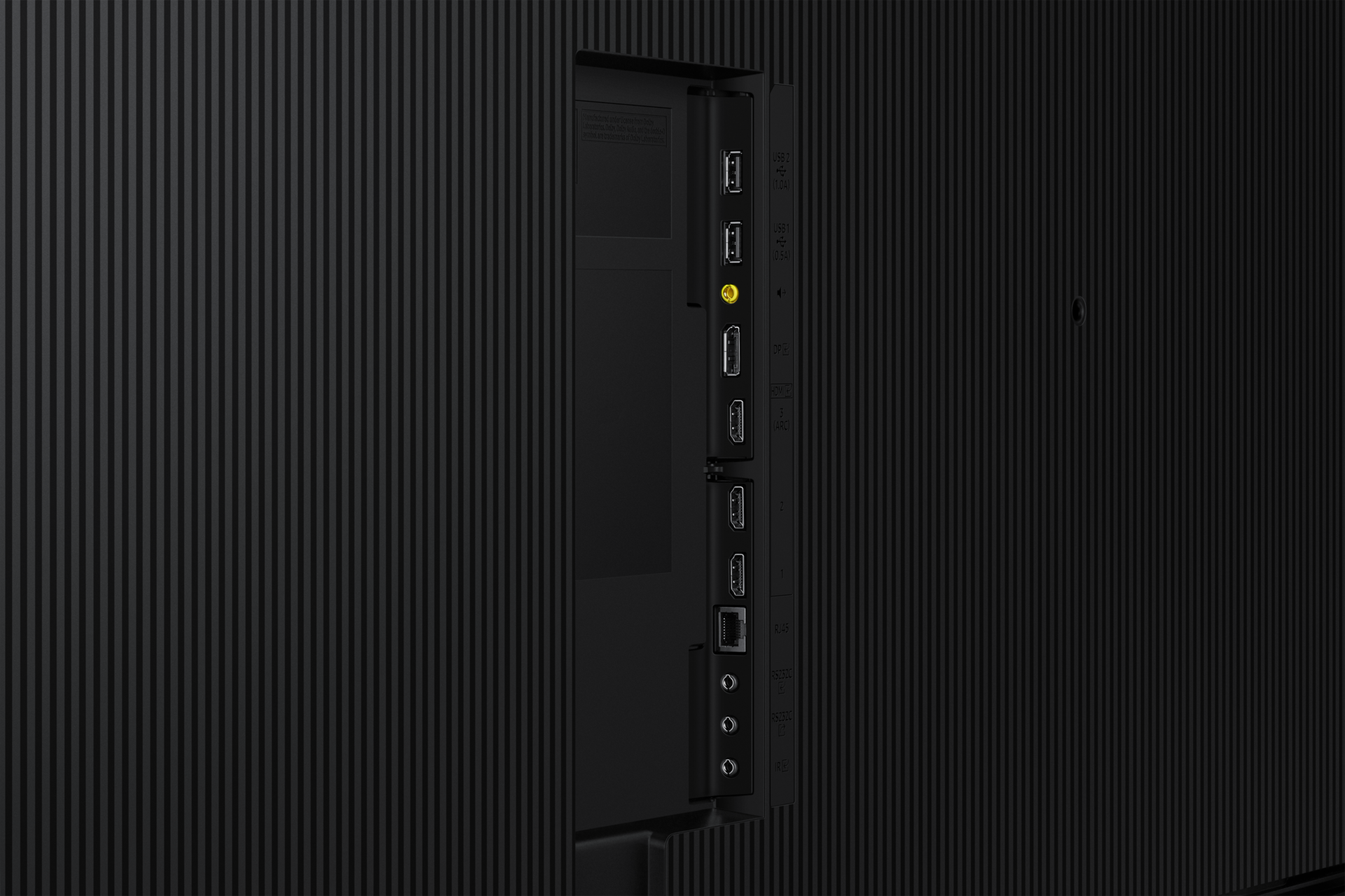 Rückseite eines schwarzen Fernsehers mit Anschlüssen: USB, HDMI, RJ45, RS232C, IR. 