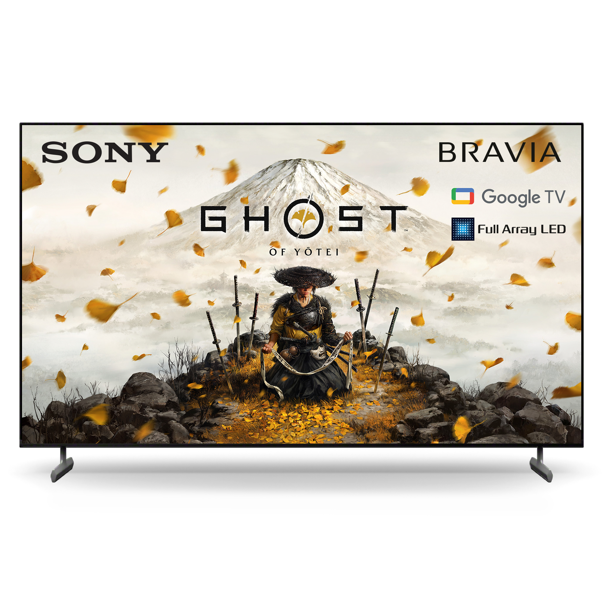 Telewizor Sony Bravia wyświetla Ghost of Yotei z samurajem przed górą. Opadają żółte liście.