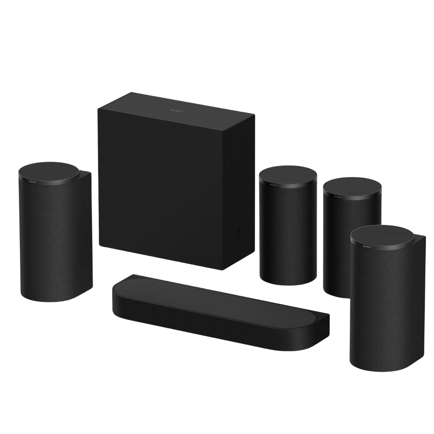 Barra de sonido, subwoofer y altavoces envolventes Sony negros sobre fondo negro.