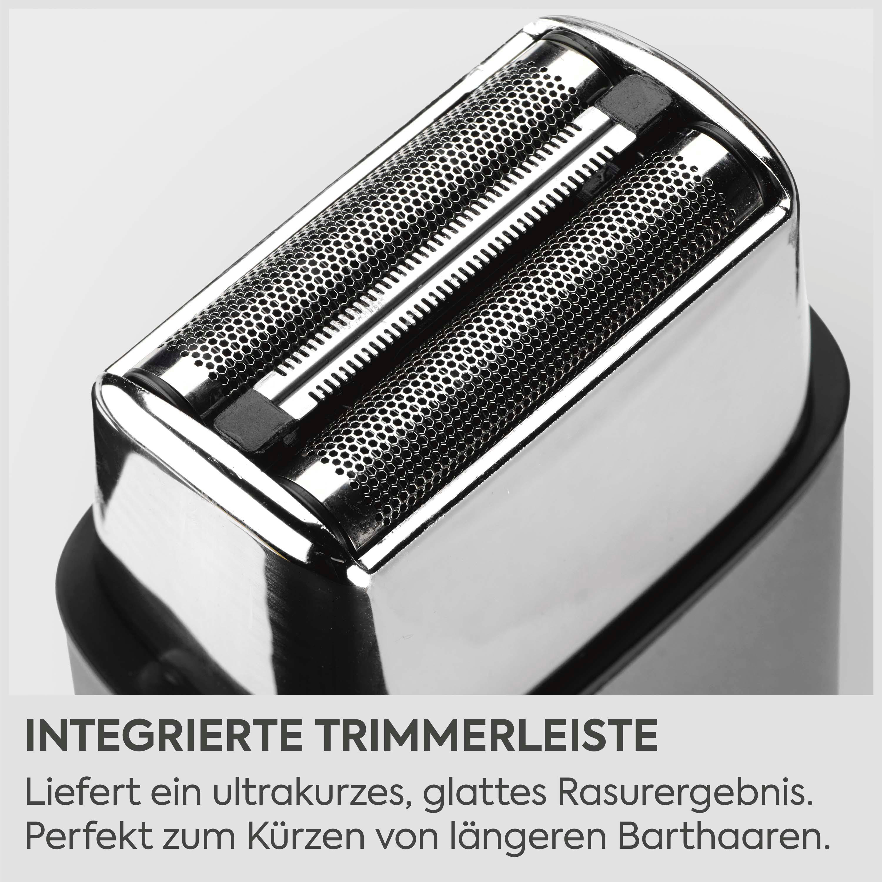 Nahaufnahme eines Rasierapparatekopfes mit zwei Scherfolien und integriertem Trimmer.