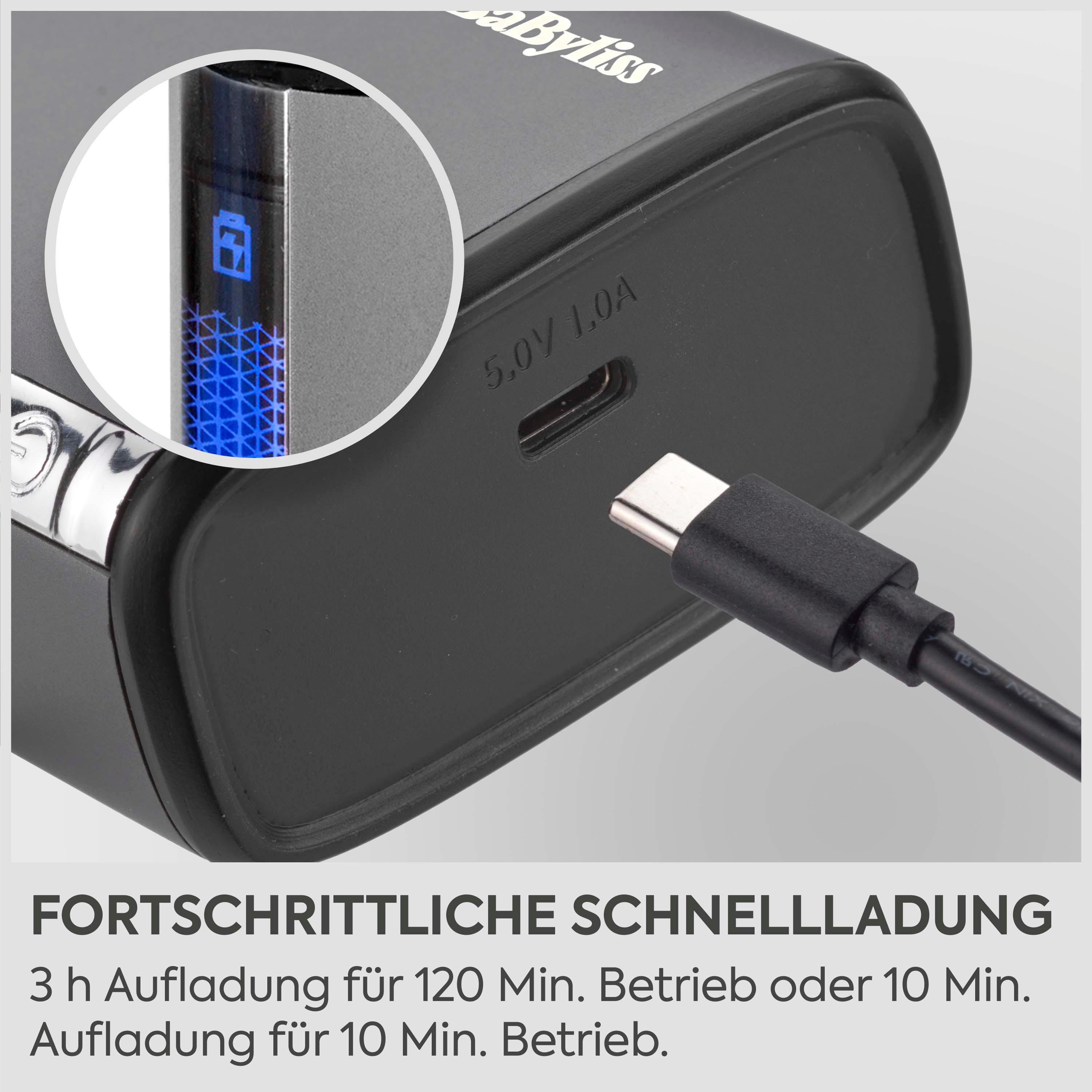 Ein schwarzes BaByliss Gerät mit USB-C-Anschluss und Ladeanzeige.