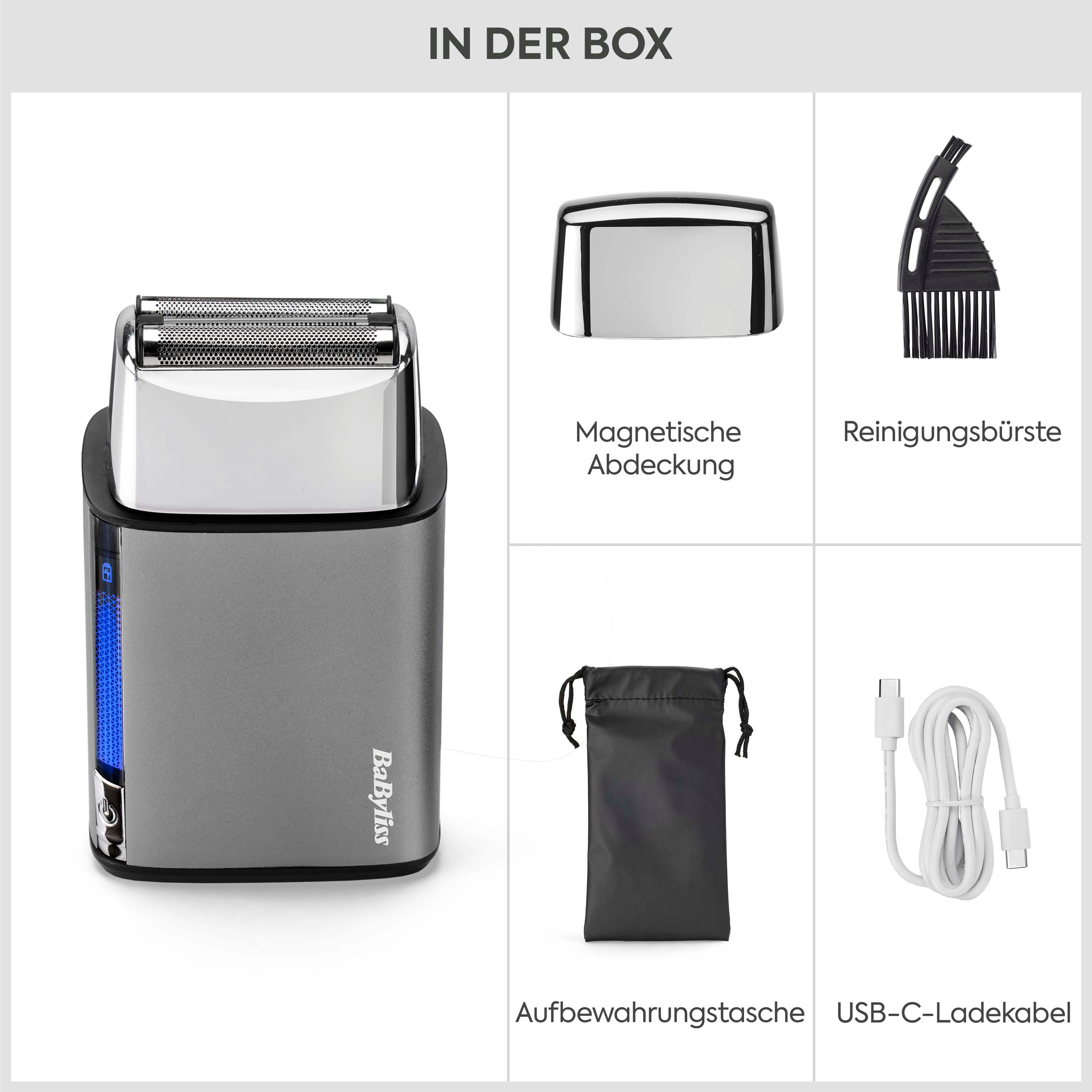 Inhalt der Box: Rasierer, Ladekabels, Tasche, Bürste und Abdeckung.
