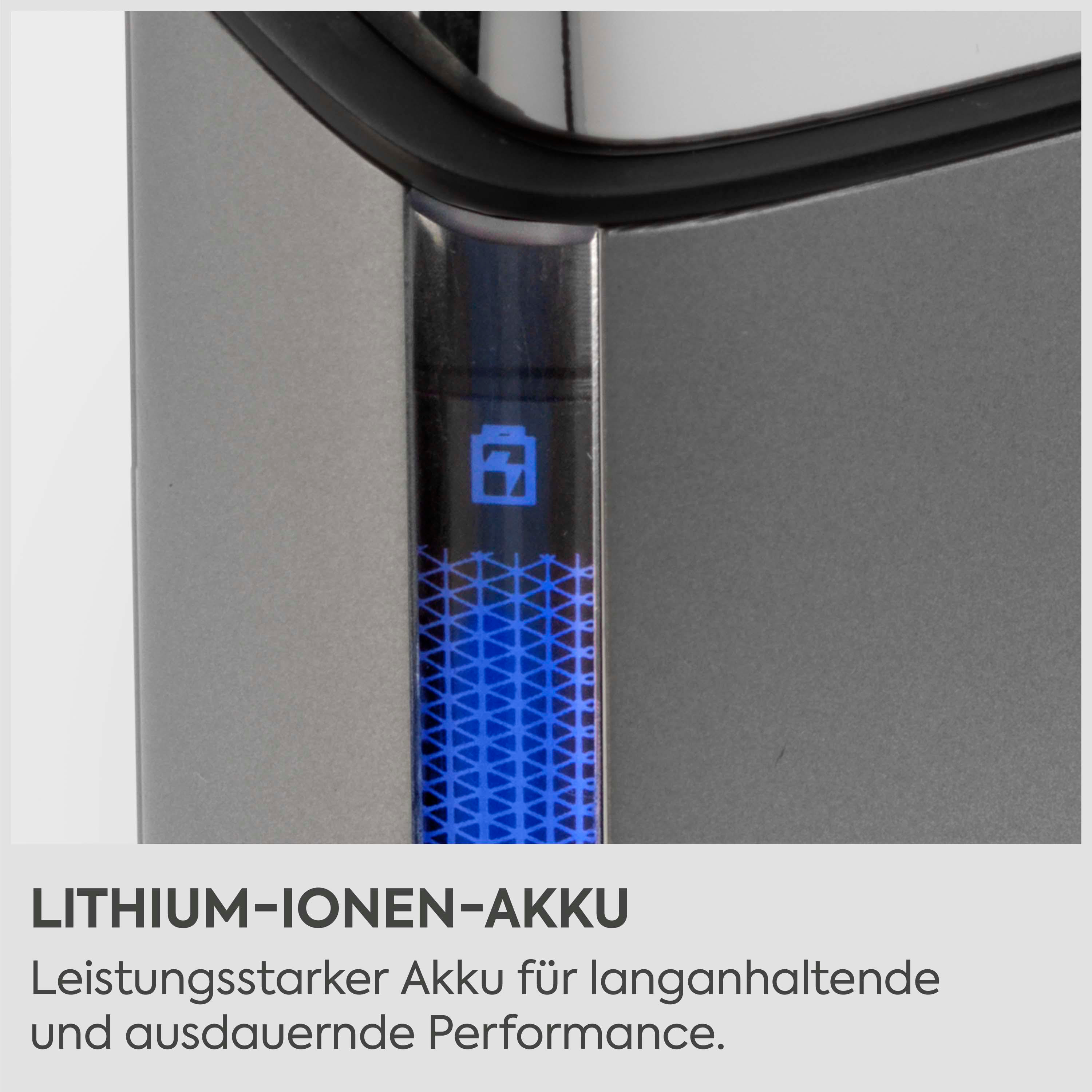 Nahaufnahme eines Geräts mit blauem Akkusymbol und geometrischem Muster.