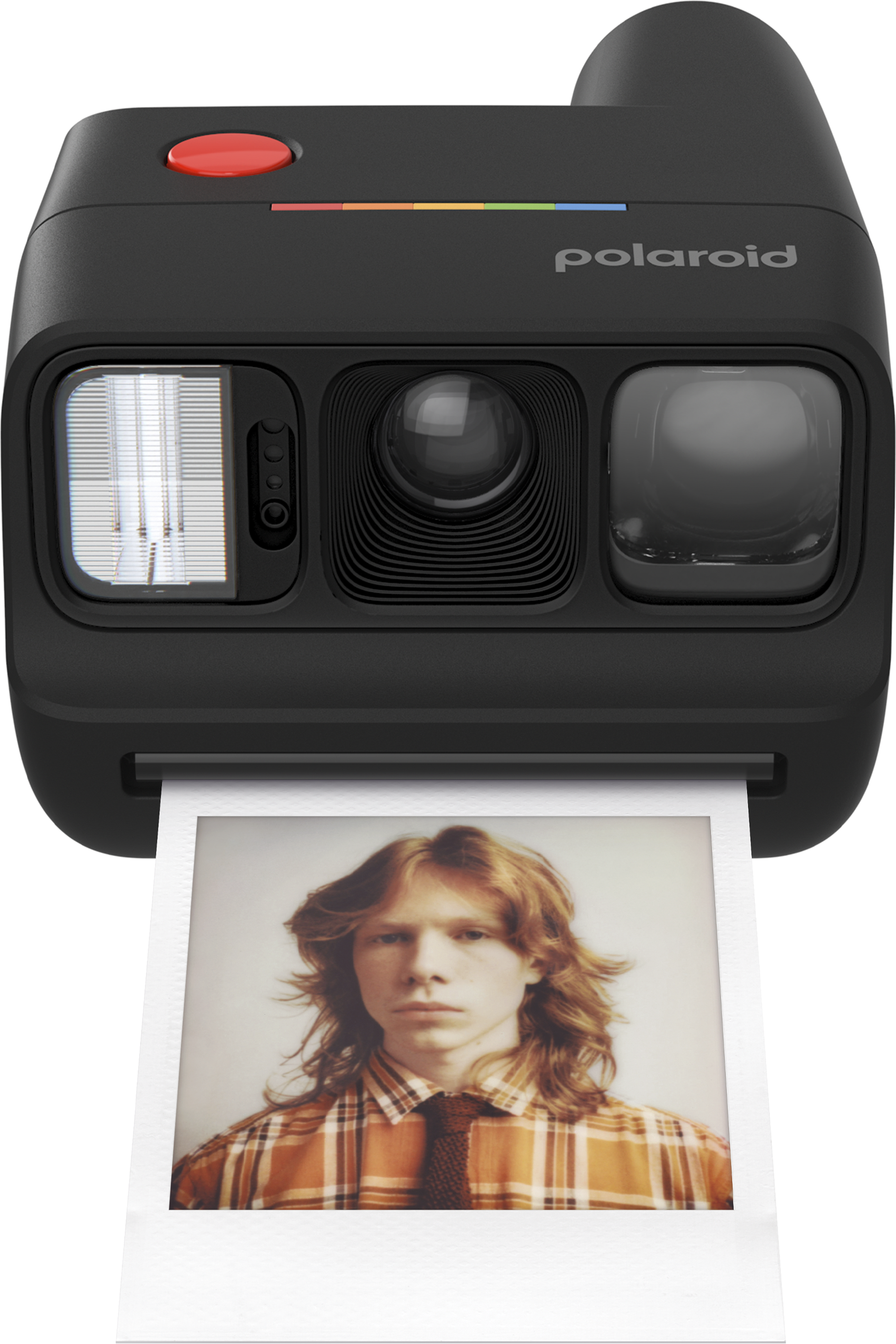 Czarny model aparatu Polaroid z czerwonym przyciskiem migawki i wydrukowanym zdjęciem młodego mężczyzny.