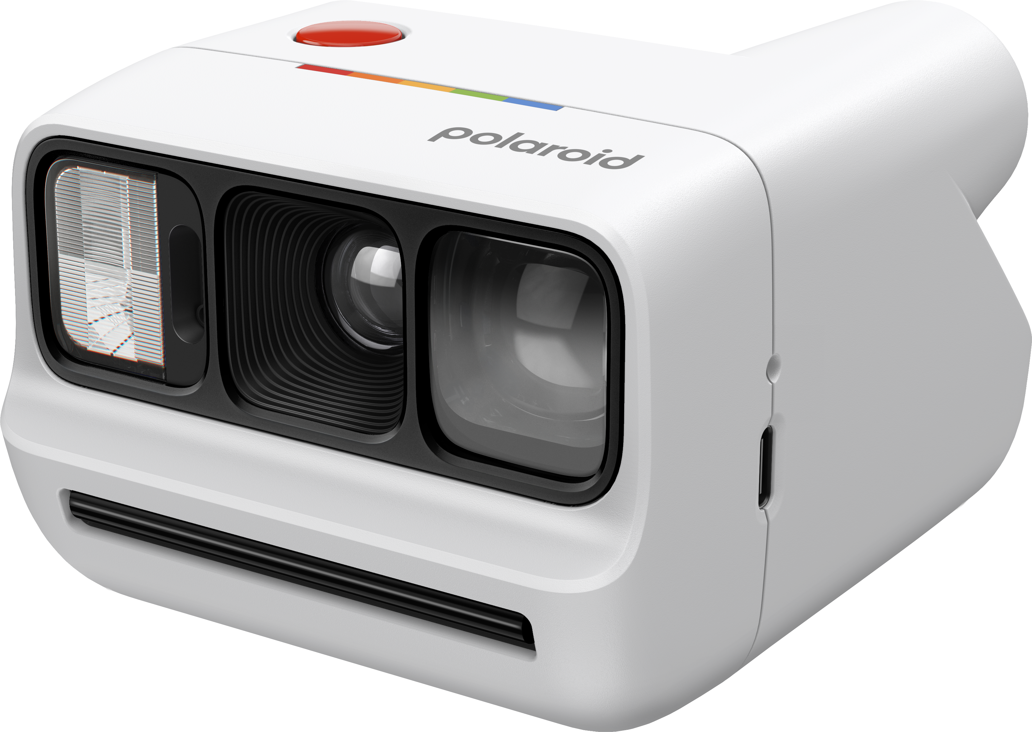 Biały aparat Polaroid z czerwonym przyciskiem migawki i paskiem kolorów.