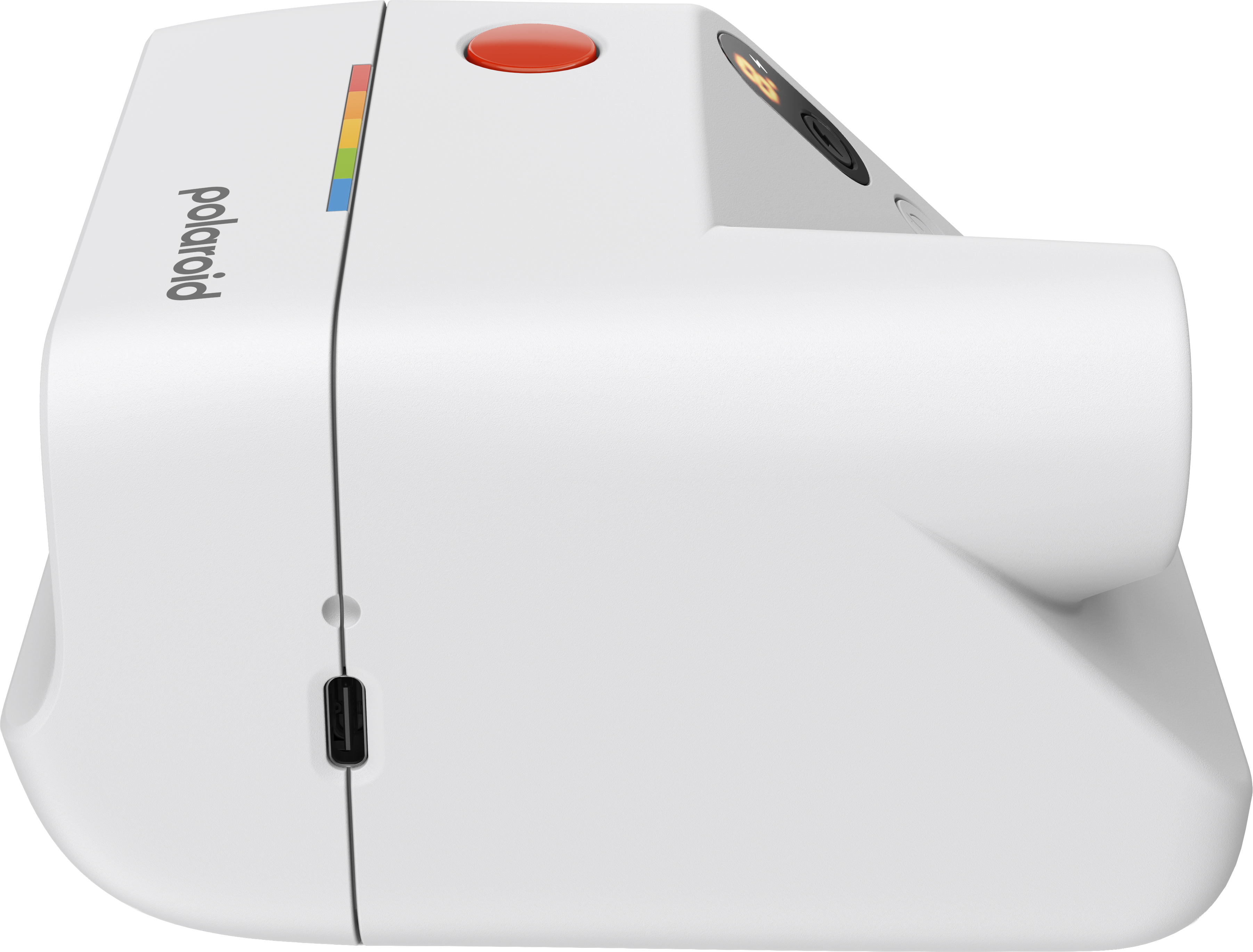 Biały aparat Polaroid z czerwonym przyciskiem migawki i kolorowymi paskami.
