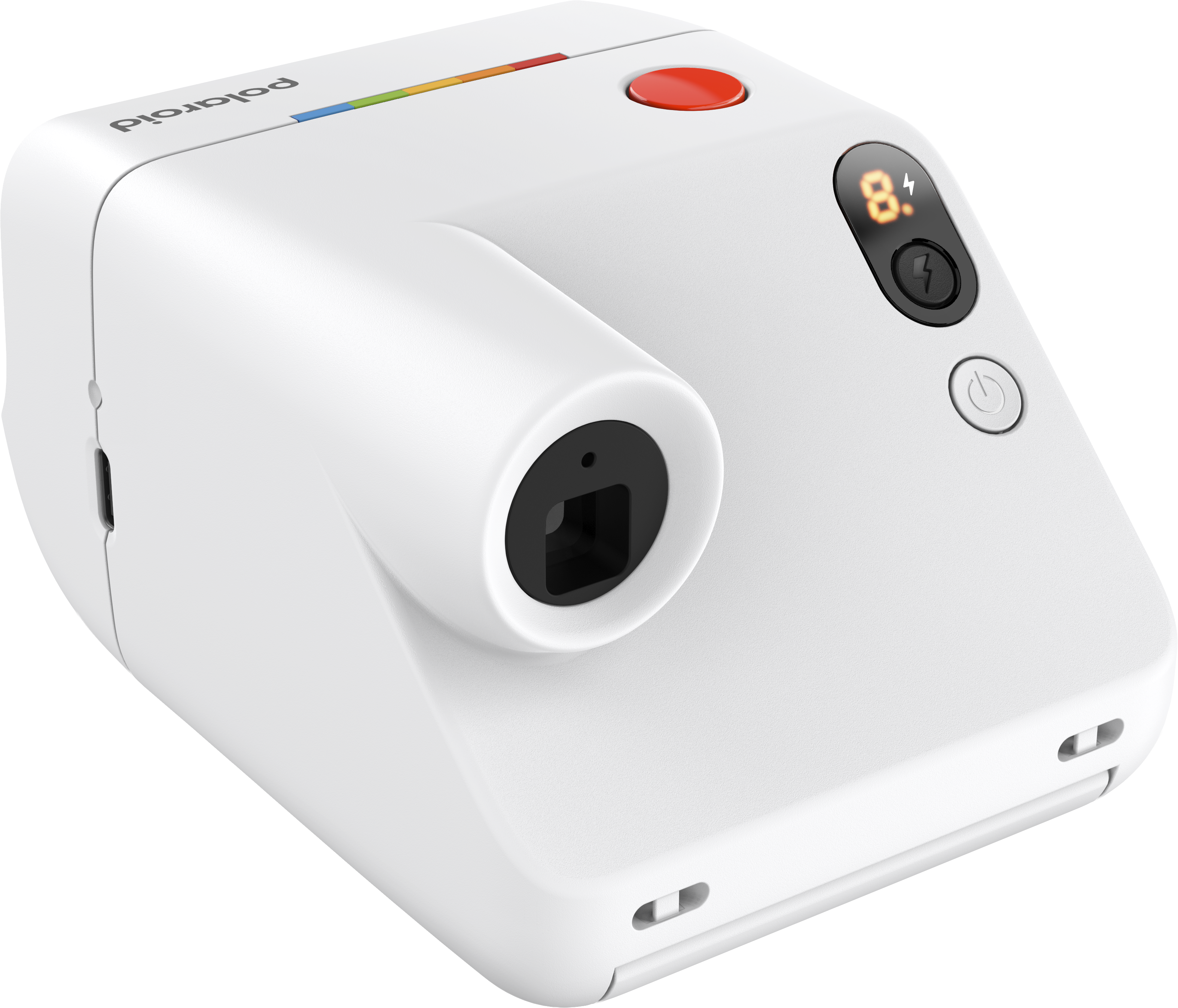 Biały aparat Polaroid z czerwonym przyciskiem migawki i cyfrowym wyświetlaczem.