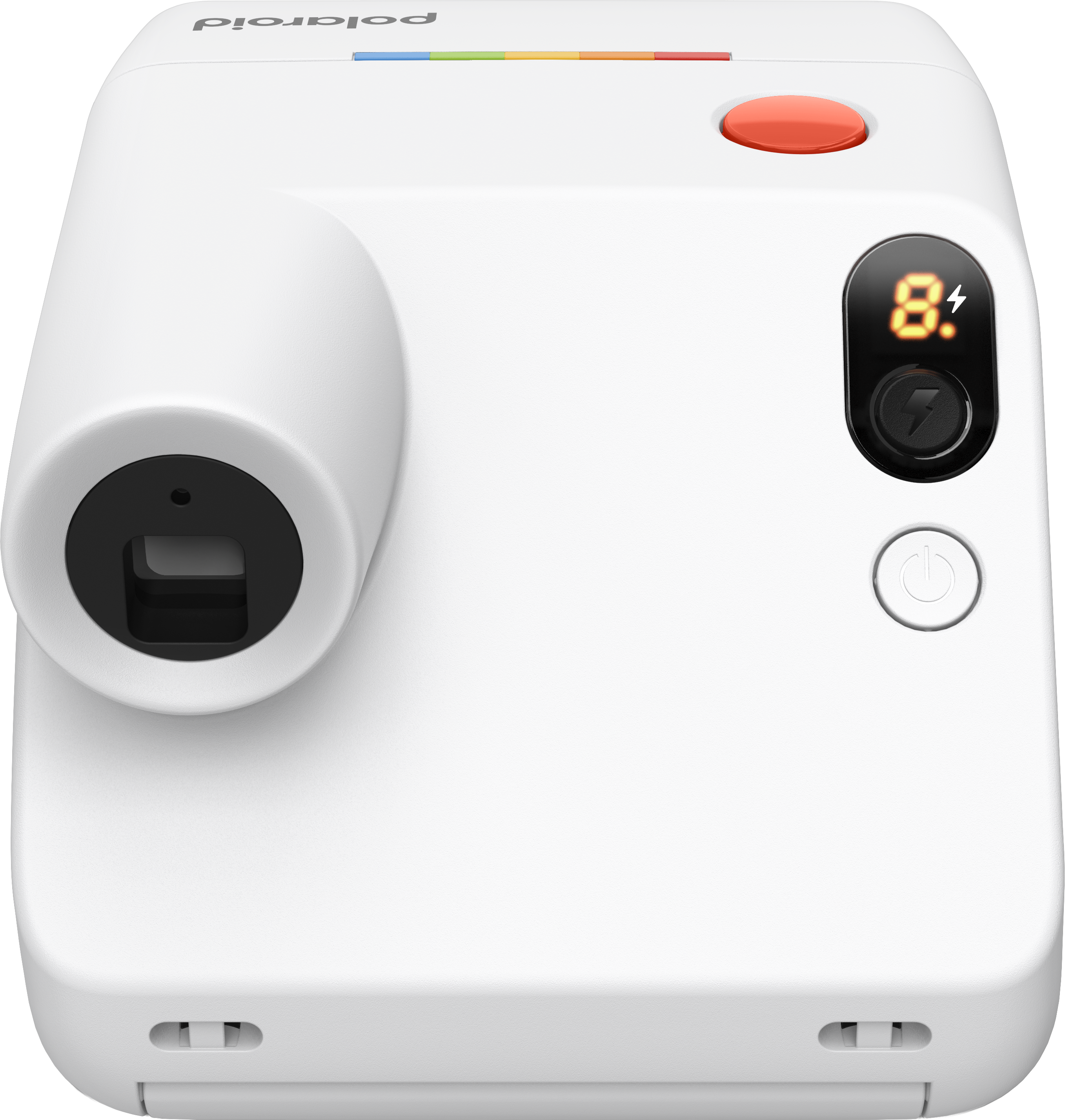 Biały aparat Polaroid z czerwonym przyciskiem i pomarańczowym wyświetlaczem.