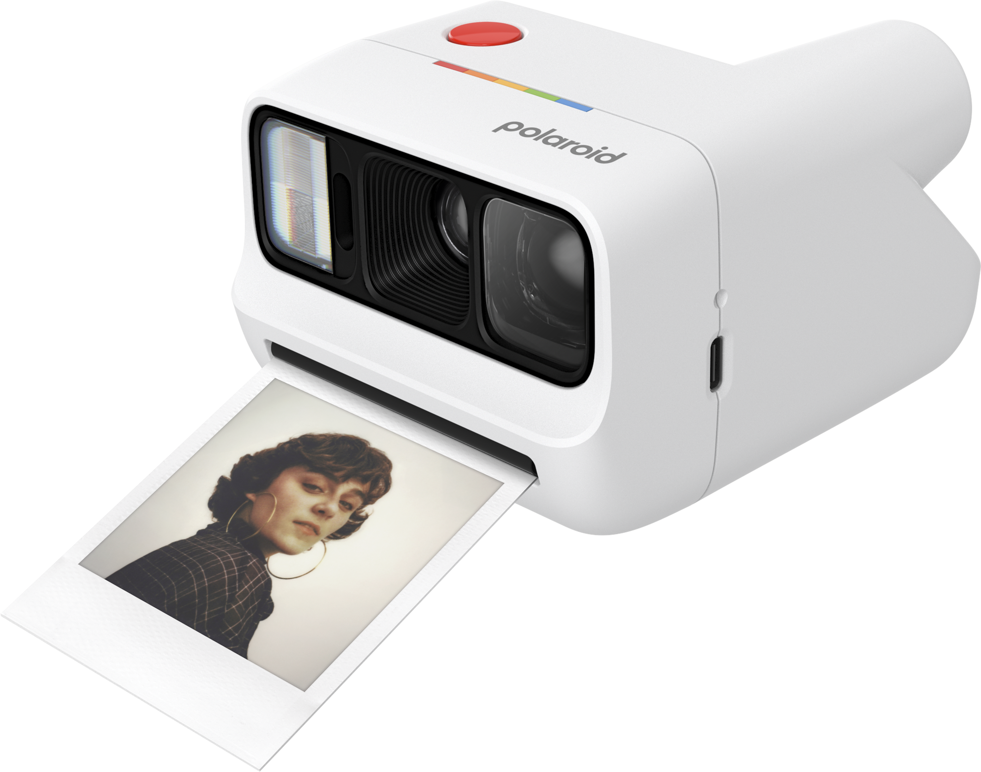 Biały aparat Polaroid z czerwonym przyciskiem i wydrukowanym zdjęciem młodej kobiety z dużymi kolczykami kołami.
