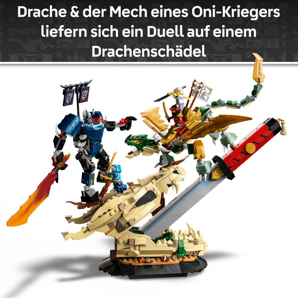 Ein blauer Mech mit rotem Schwert kämpft gegen einen goldenen Mech auf einem Drachenschädel.