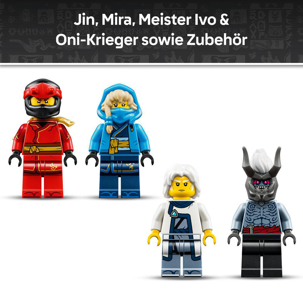 Vier Ninjago-Figuren: Rot, Blau, Weiß und Oni-Krieger.