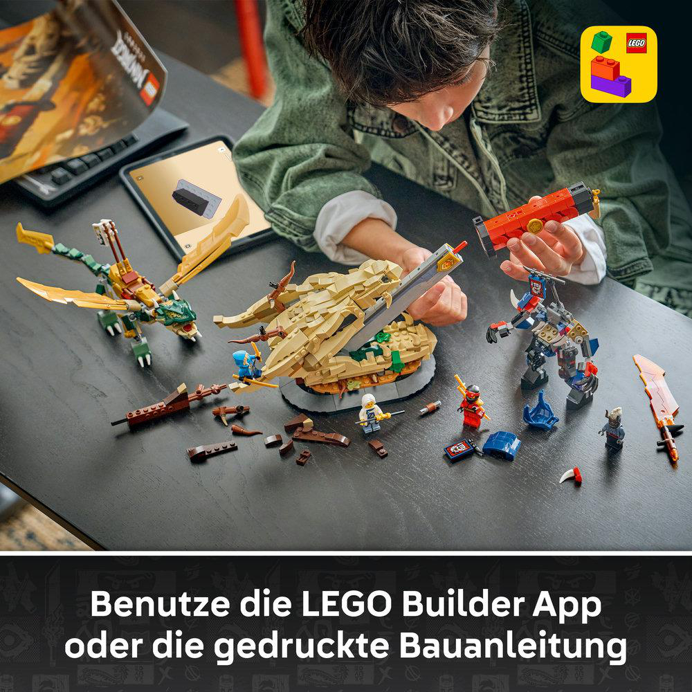 Ein Kind baut LEGO-Sets mit Drachen, Robotern und Fahrzeugen auf einem Tisch.