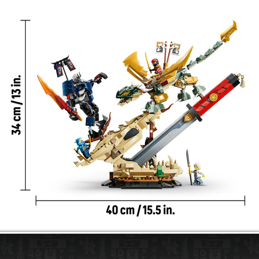 Bunte Lego-Figuren und Drachen auf einem Ständer mit Maßen.