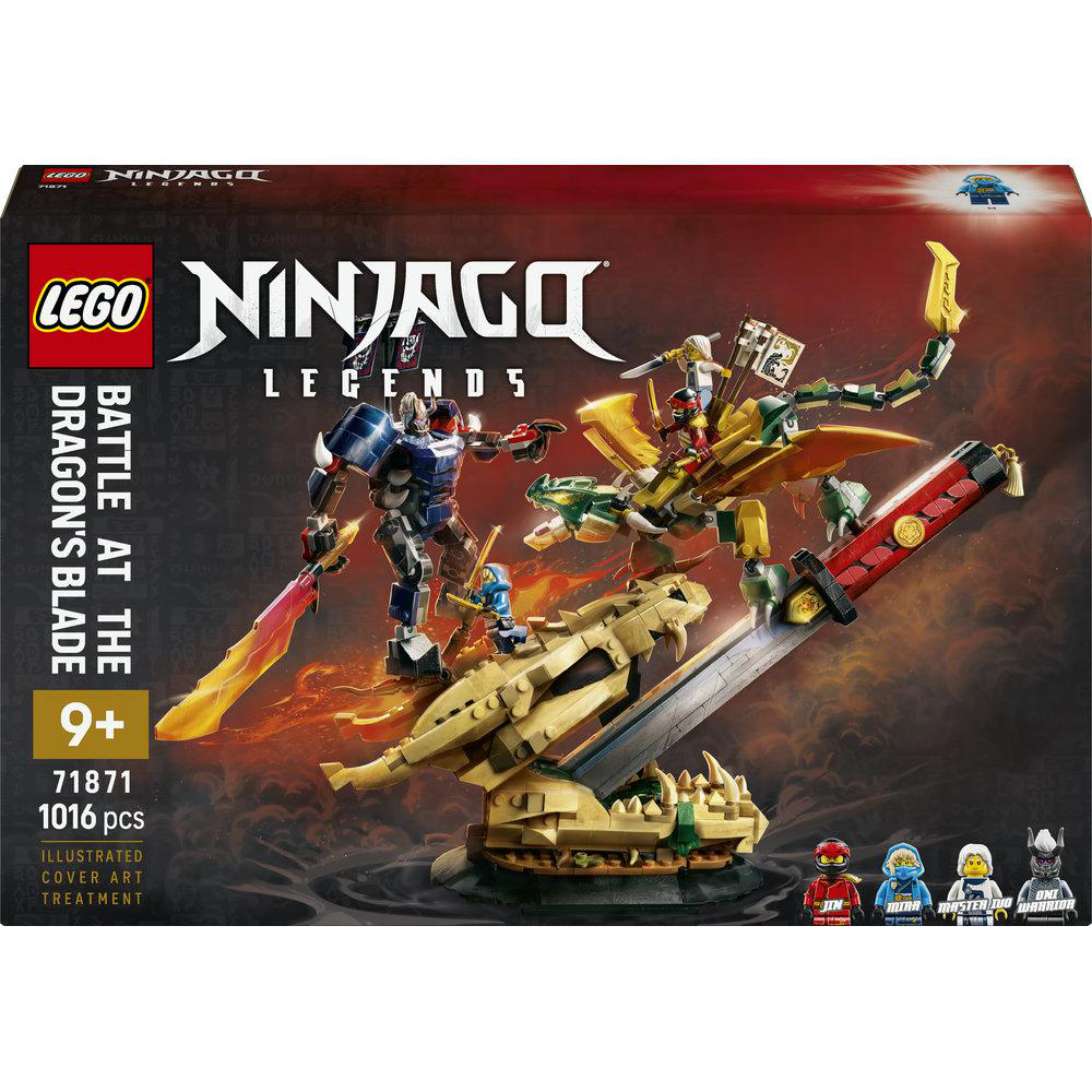 LEGO Ninjago Set: Kampf um die Drachenklinge mit Figuren und Drachen.