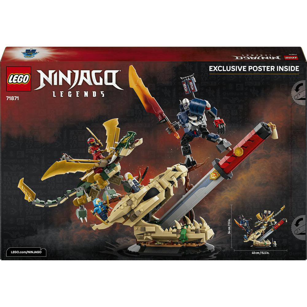 Lego Ninjago Set mit Drachen, Figuren und einem Schwert. Exklusives Poster innen.