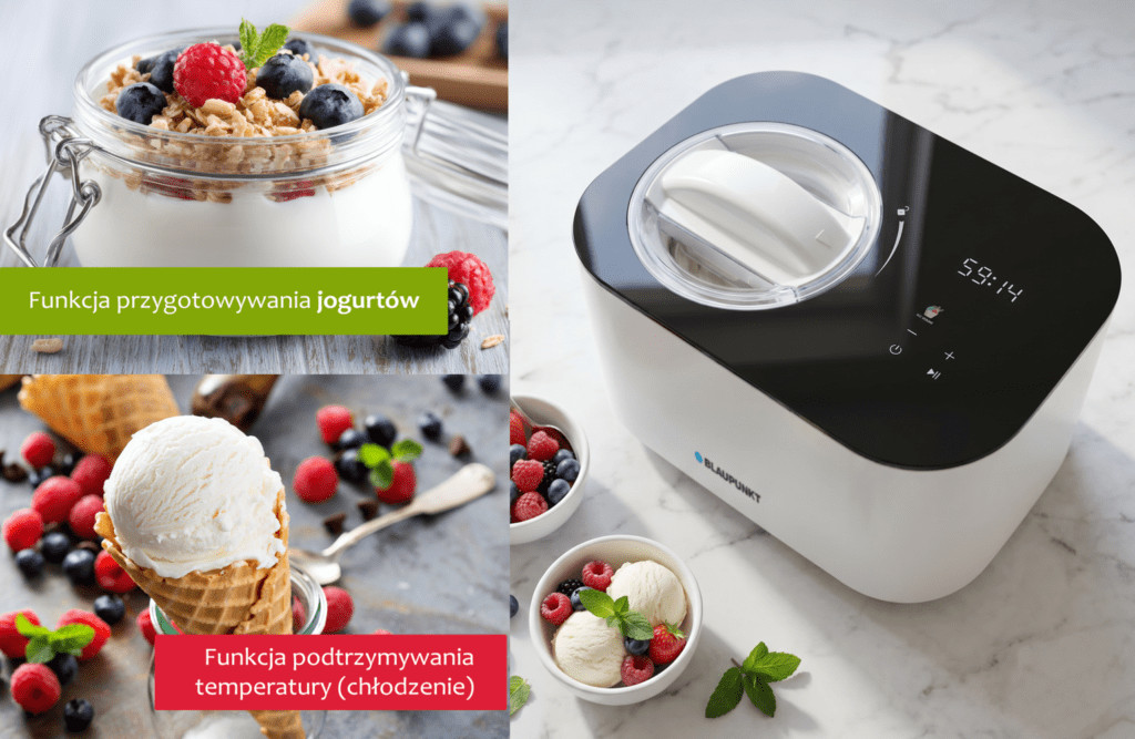Lody w wafelku i jogurt w słoiku, obok maszyny do lodów.