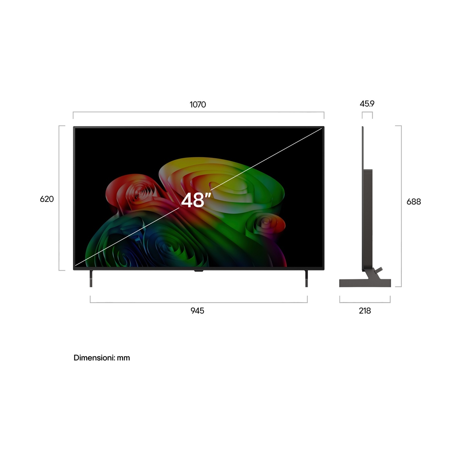 Un televisore da 48 pollici con immagine astratta colorata, dimensioni in mm.