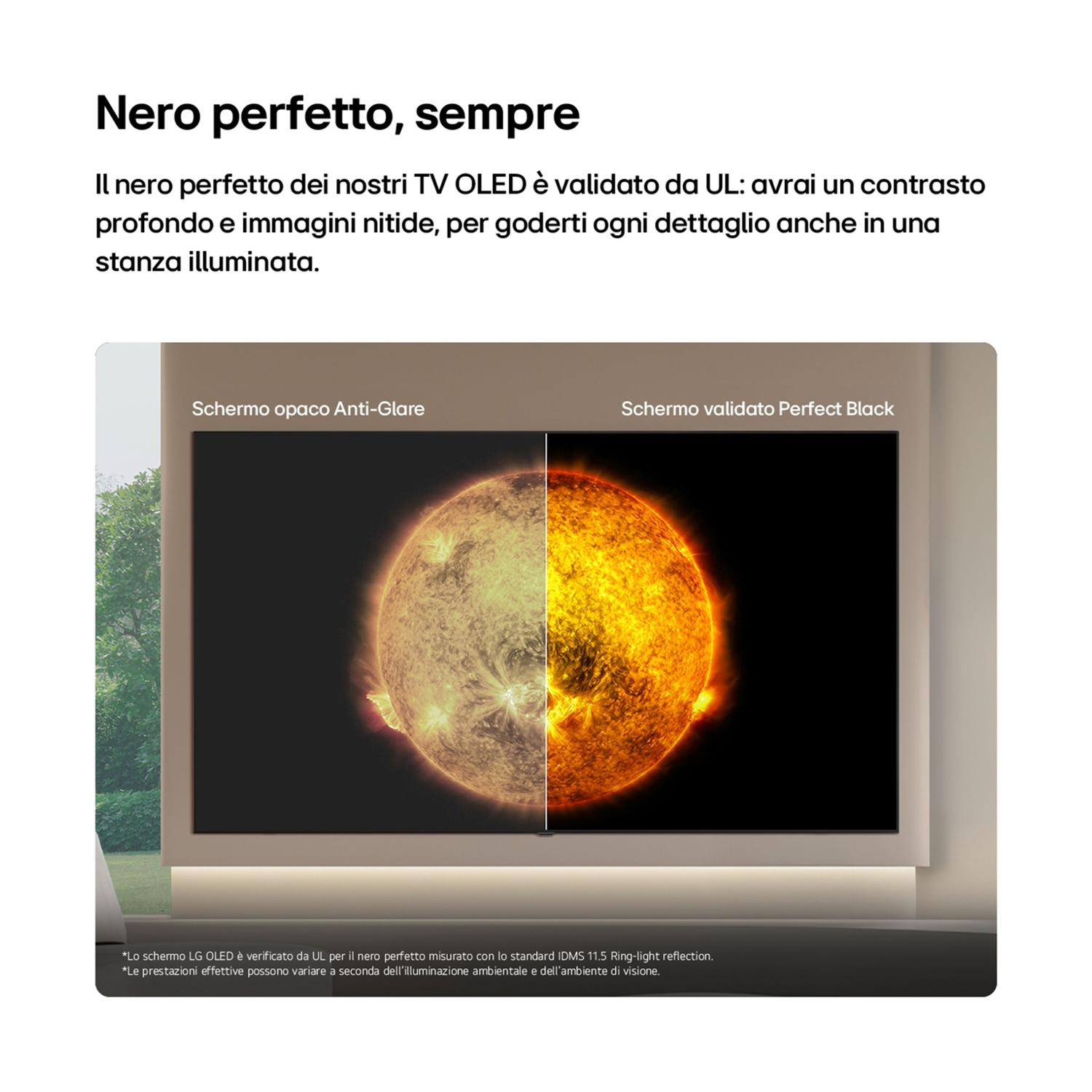 Uno schermo diviso mostra il sole, a sinistra con anti-riflesso, a destra con nero perfetto.