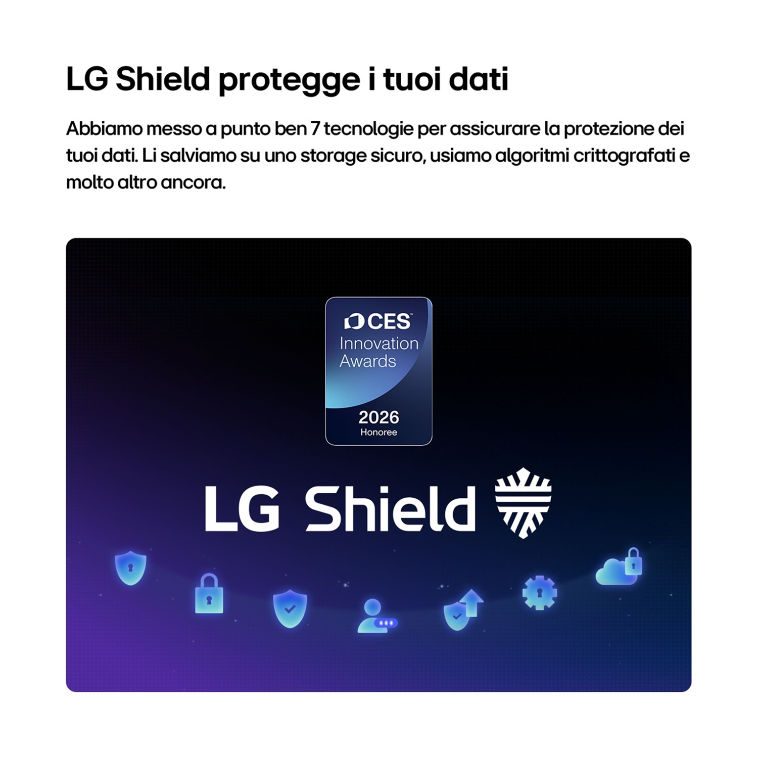 Logo LG Shield con CES Innovation Award 2026 Honoree. Icone di sicurezza.