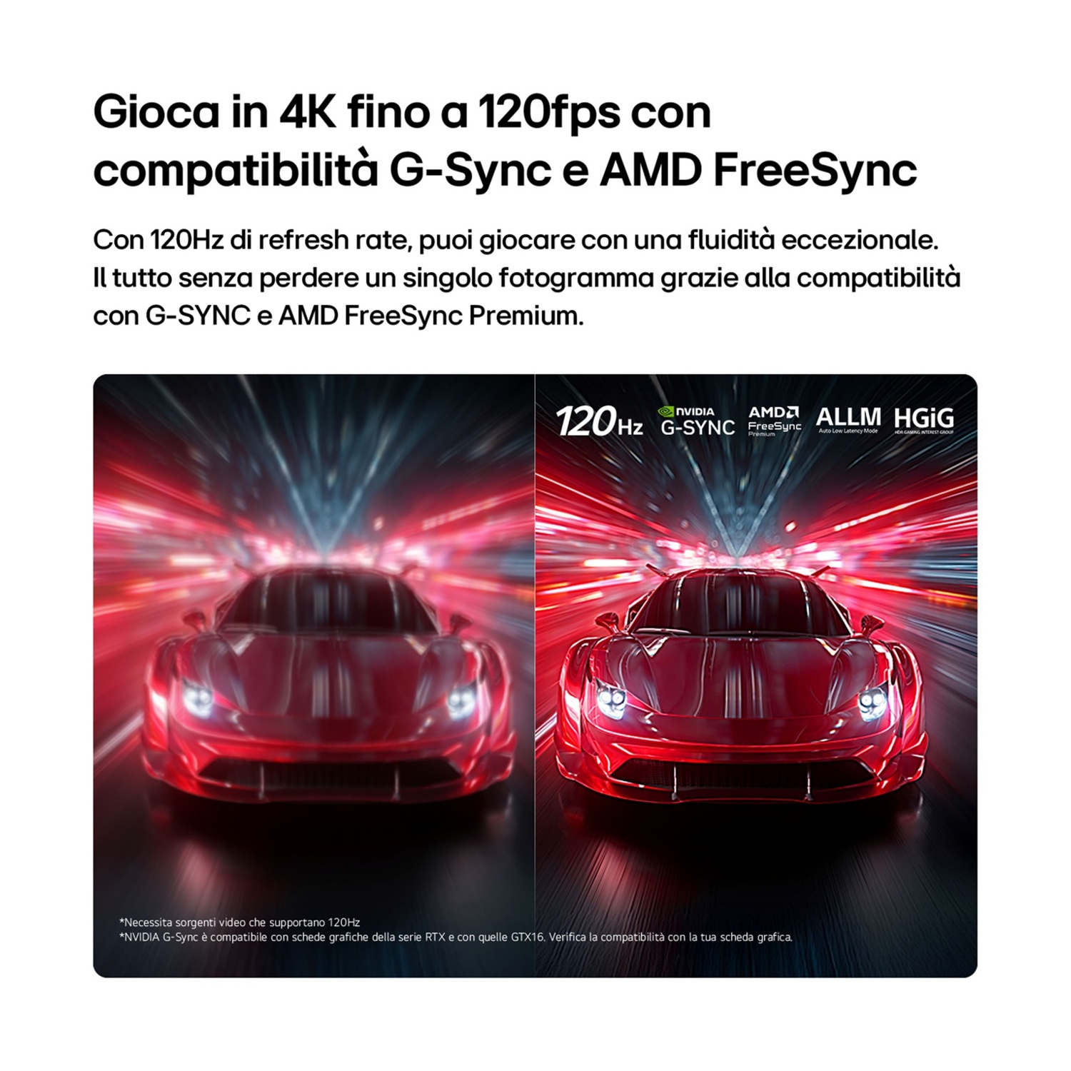 Due auto sportive rosse sfrecciano a 120Hz, G-Sync, AMD FreeSync, ALLM, HGIG.