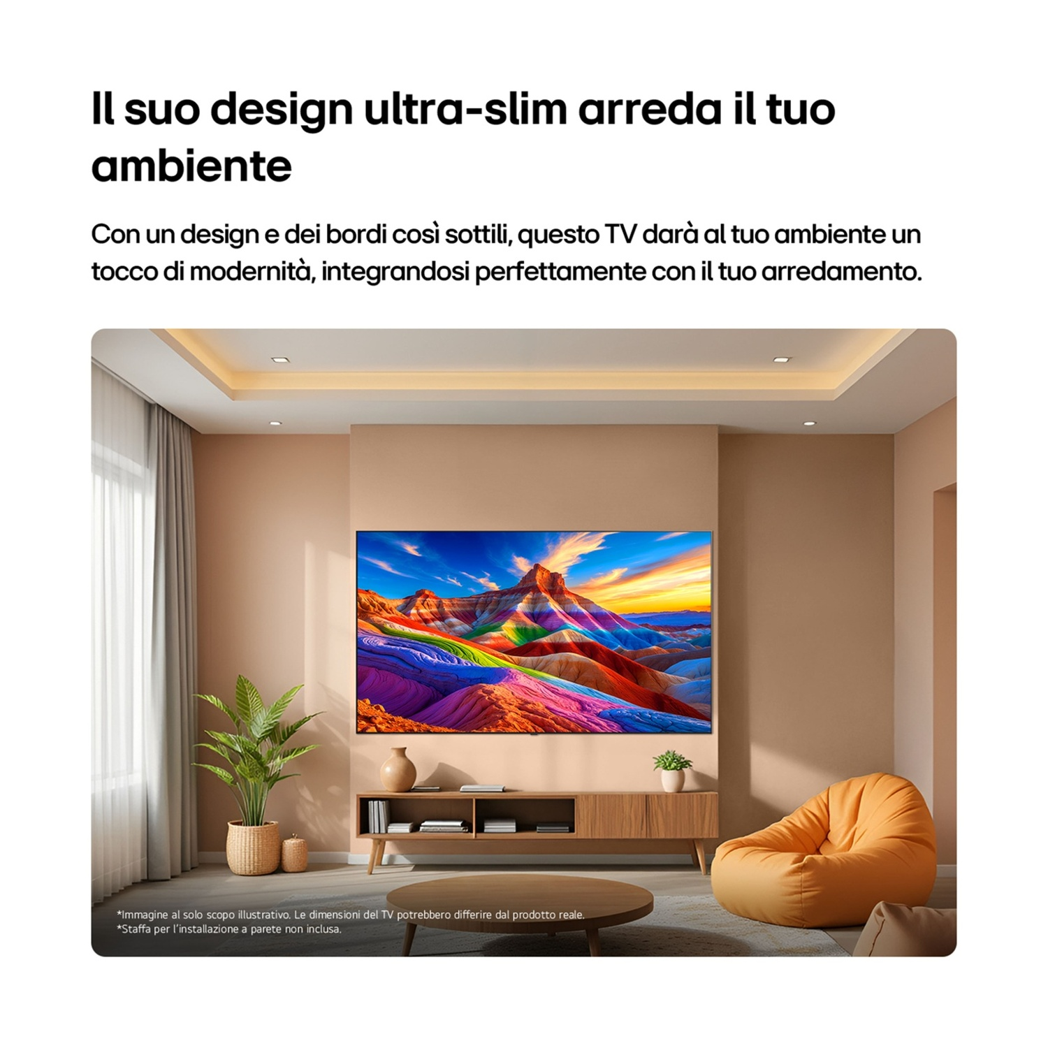 Un soggiorno con un TV moderno che mostra un'immagine di paesaggio colorata.