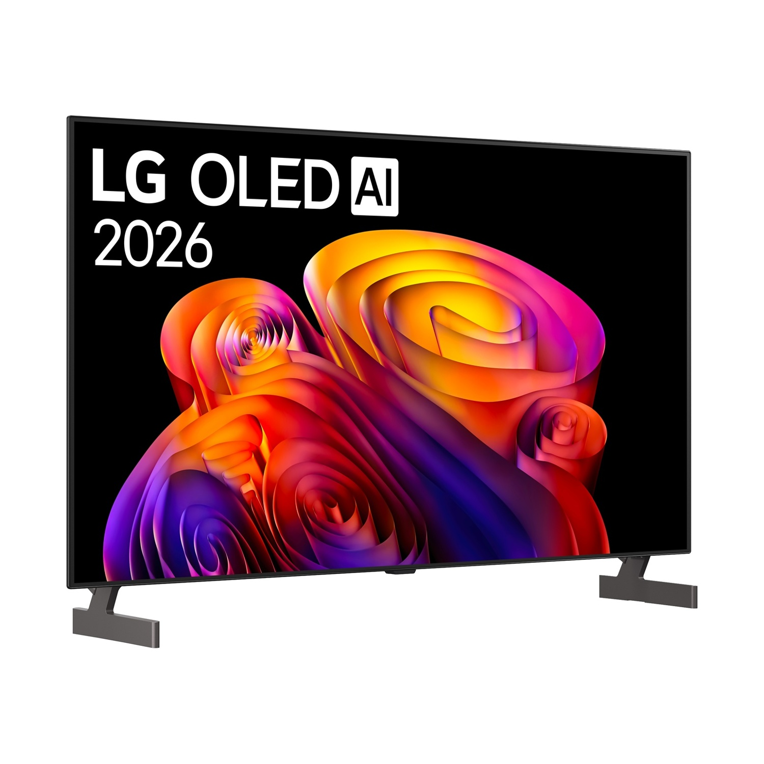TV LG OLED AI 2026 con arte astratta colorata sullo schermo, su sfondo bianco.