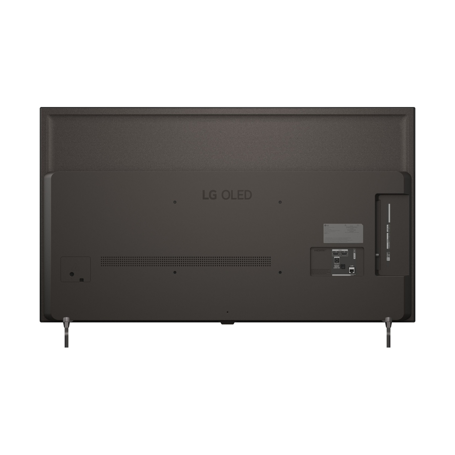 Retro di una TV LG OLED nera con porte e gambe di supporto.