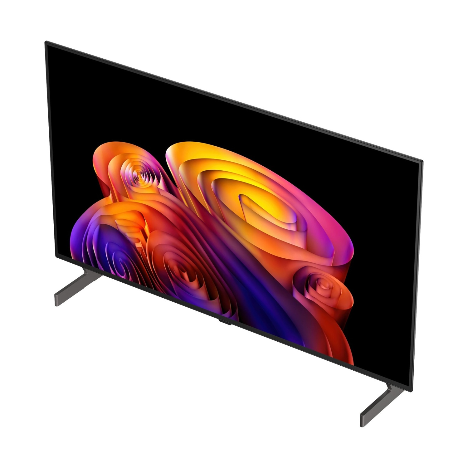 Un televisore moderno con un'immagine astratta e colorata su sfondo nero.