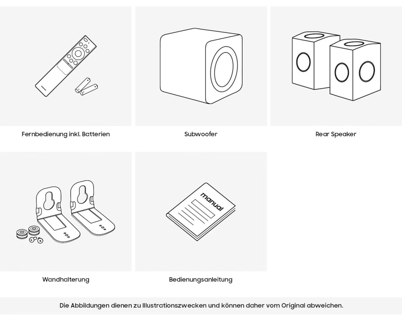 Fernbedienung, Batterien, Subwoofer, Lautsprecher, Wandhalterung, Anleitung.