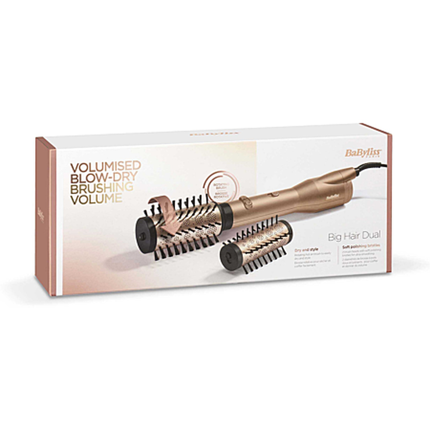 Sèche-cheveux Babyliss en boîte avec deux têtes de brosse et manuel.