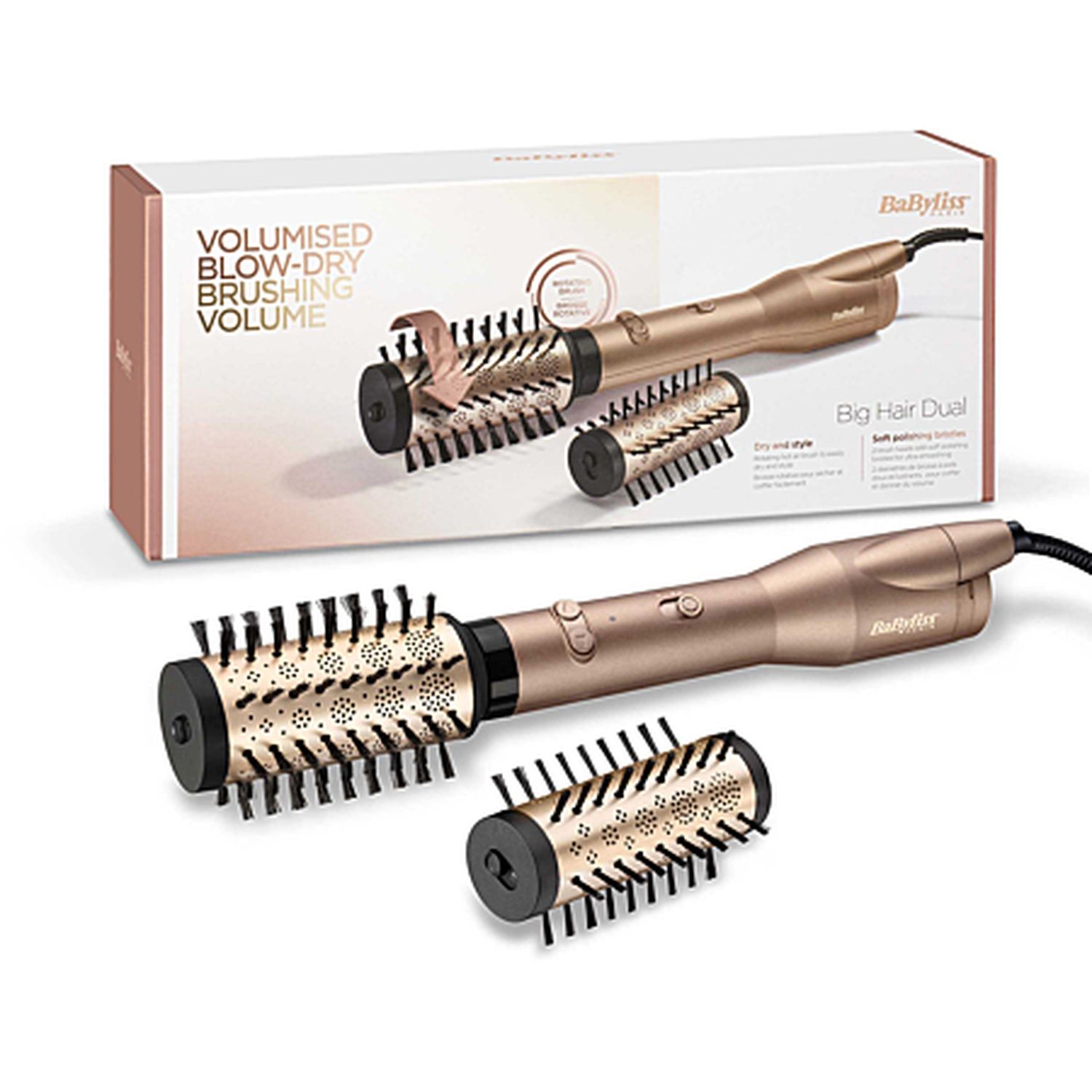 Un coiffant rotatif doré avec deux brosses accessoires sur fond blanc.