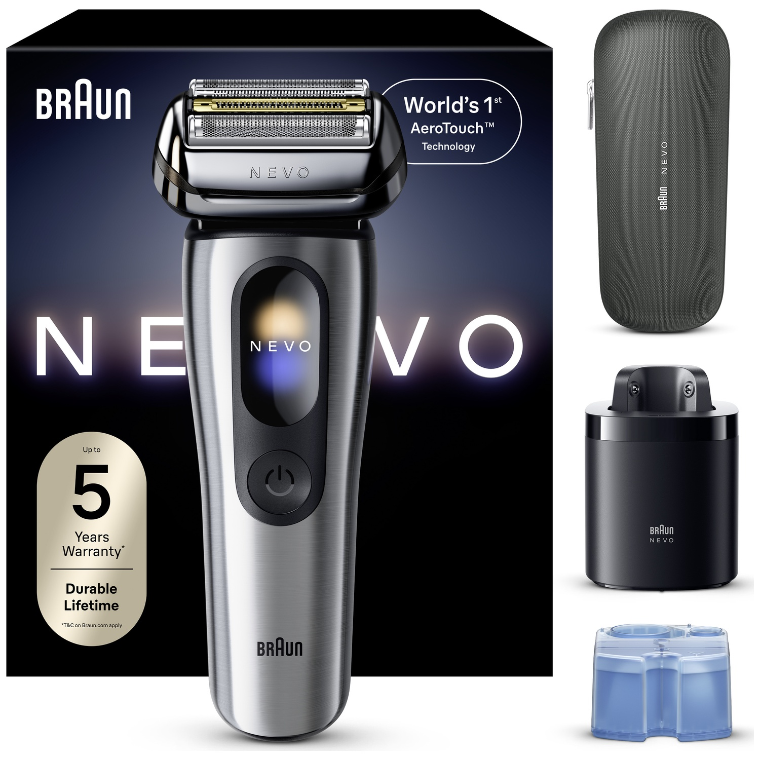 Braun shaver with accessories: travel case, charging station, and cleaning cartridge.