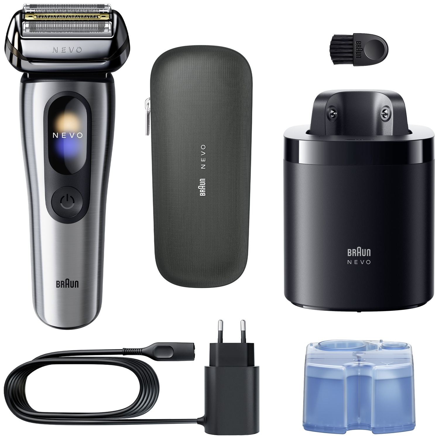 Electric shaver set with shaver, charging station, travel case, cable, plug and cleaning fluid.