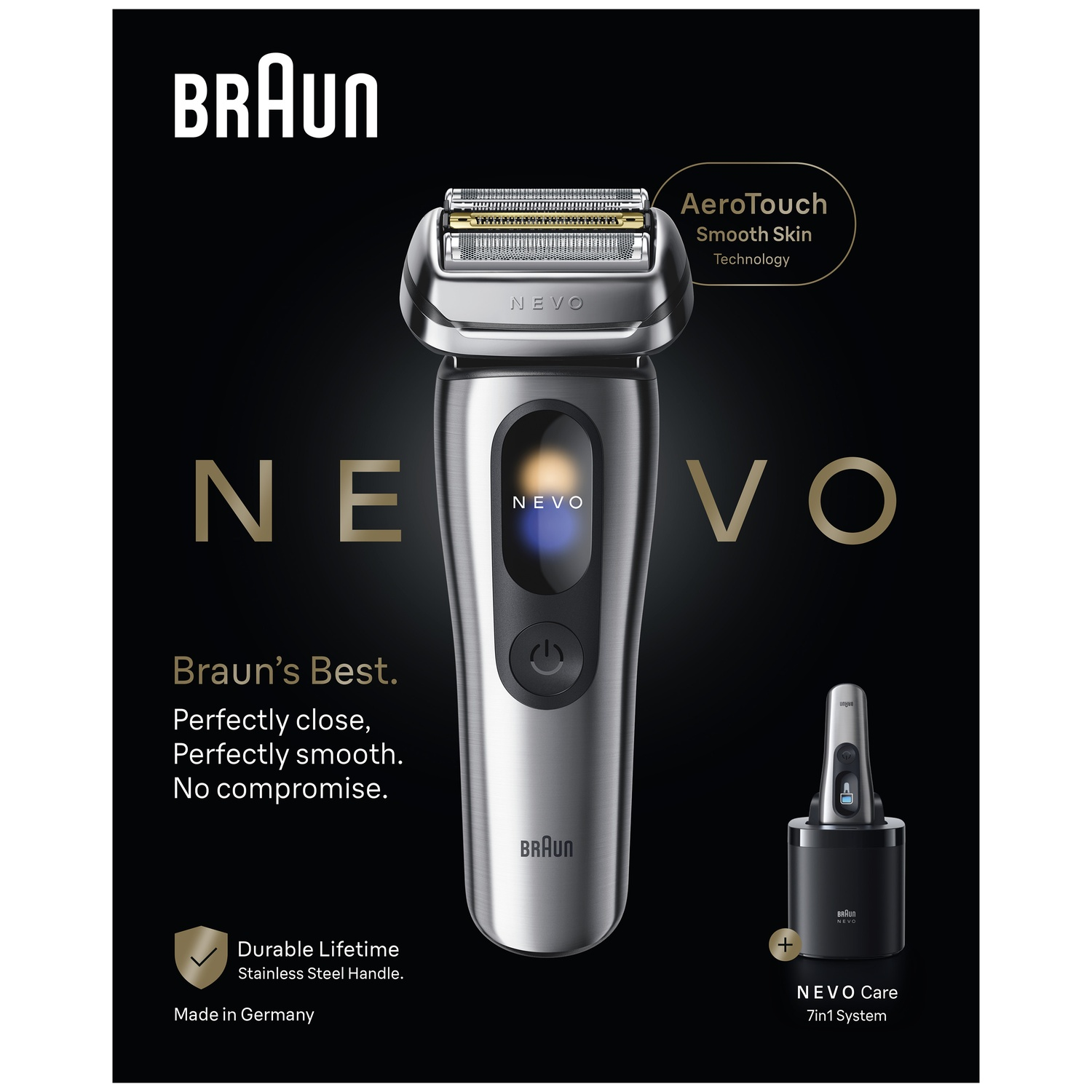 Braun shaver with AeroTouch technology and charging station.