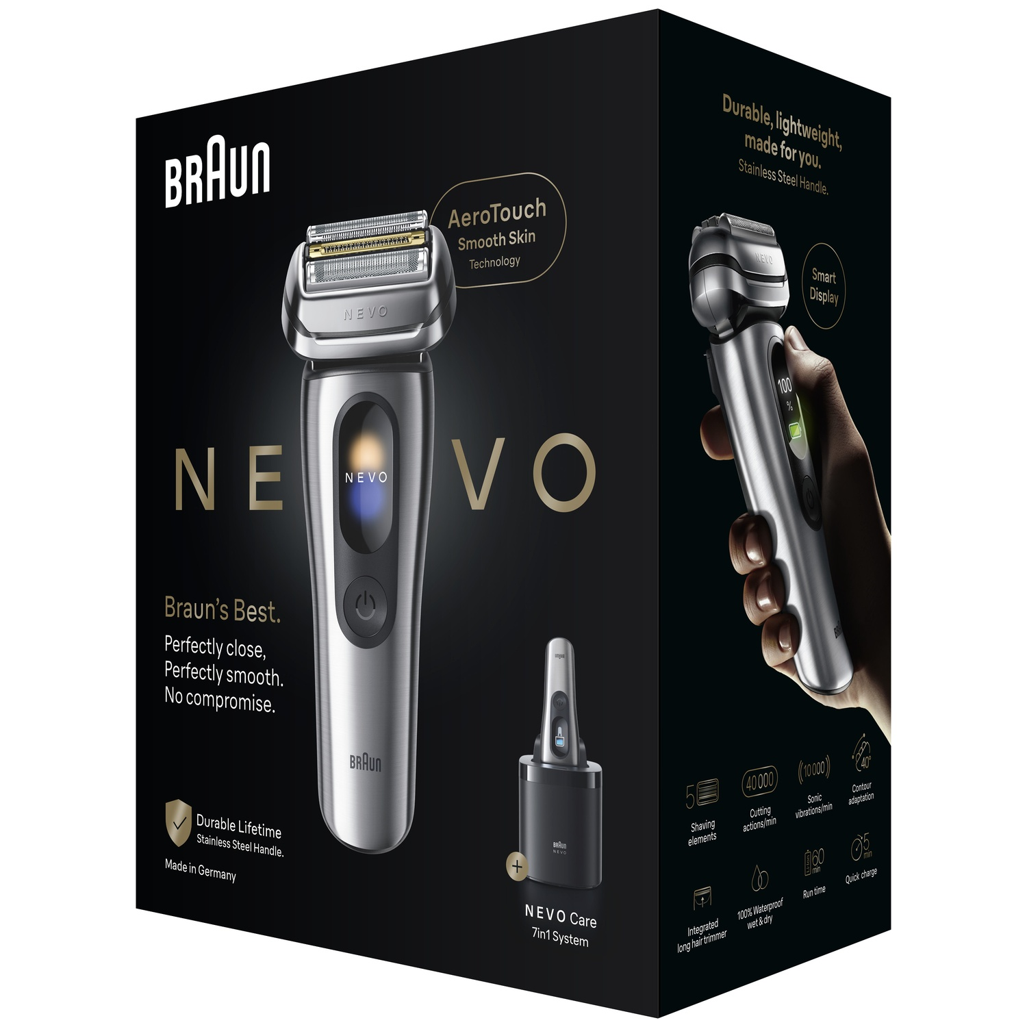 Braun shaver packaging showing AeroTouch, Smart Display, and 7-in-1 system details.
