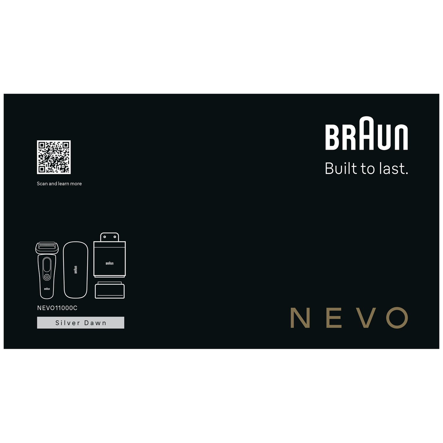 Braun shaver NEVO11000C Silver Dawn accessories and QR code.