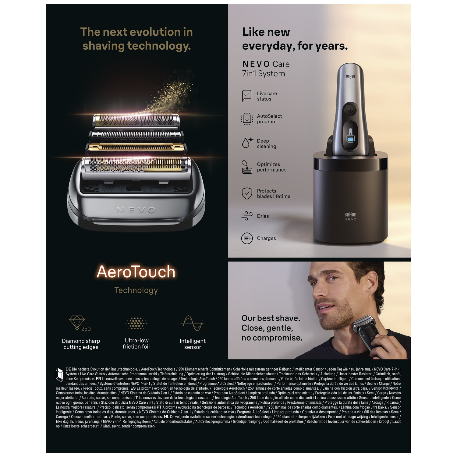 Braun shaver with AeroTouch Technology, cleaning station, and a man.