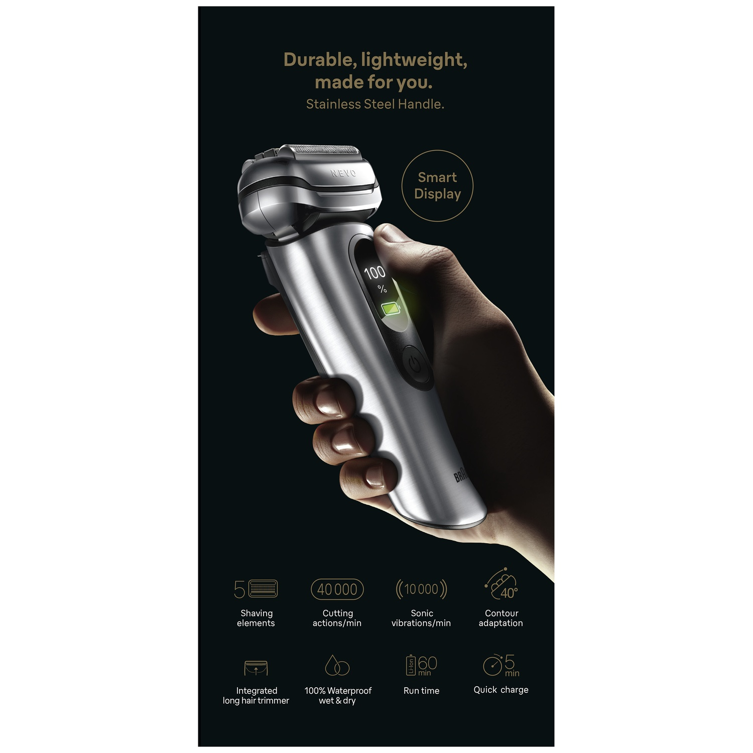 A silver shaver is held in a hand. Multiple features are listed.