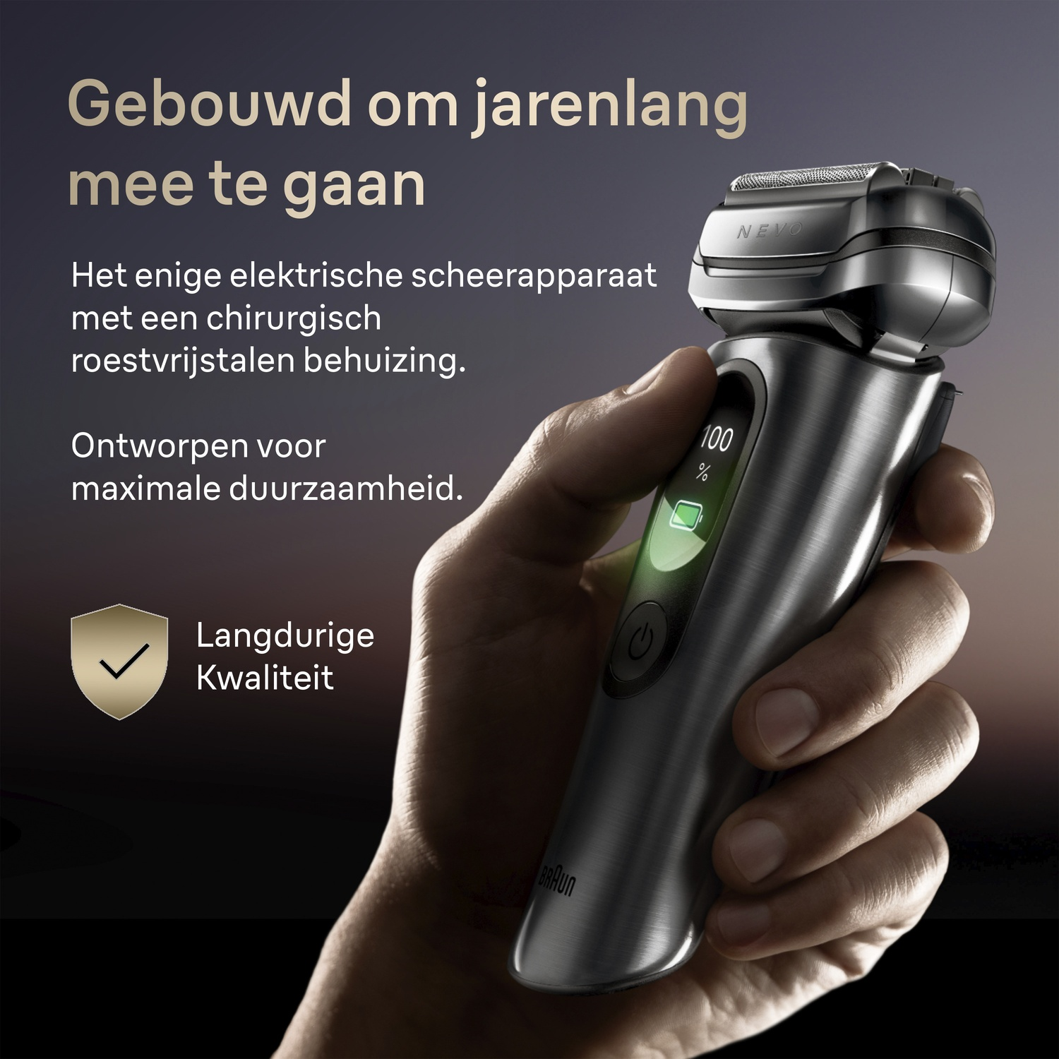 A hand holds a silver shaver with 100% battery. Text: Long-lasting quality.