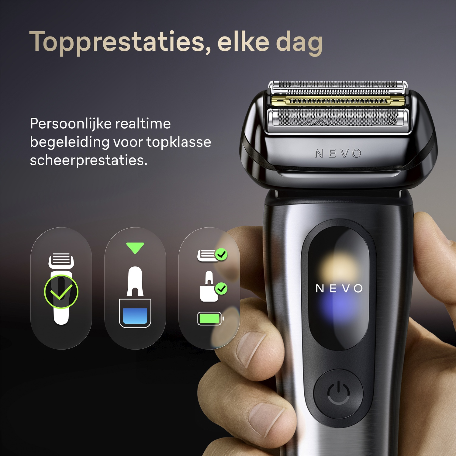 A man holds a silver electric shaver with a glowing display and three icons.