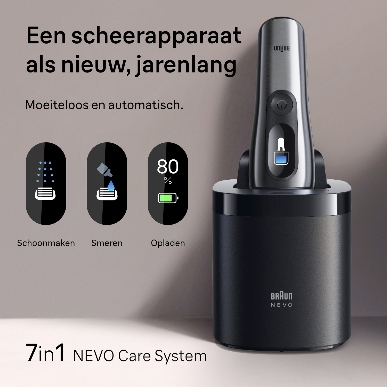 A silver shaver with a black charging station and three icons: cleaning, lubrication, charging.