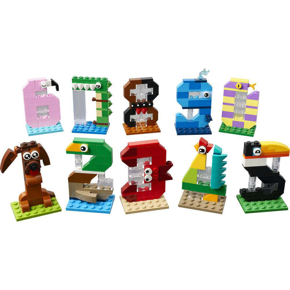 Bunte Lego-Zahlenfiguren: Hund, Dinosaurier, Vogel, 8, 9, 6, 7, 3, 4, 5.