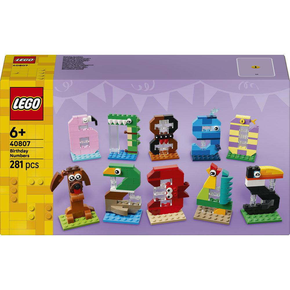 LEGO Bausteine in Form von Zahlen und Tieren auf einer Packung.
